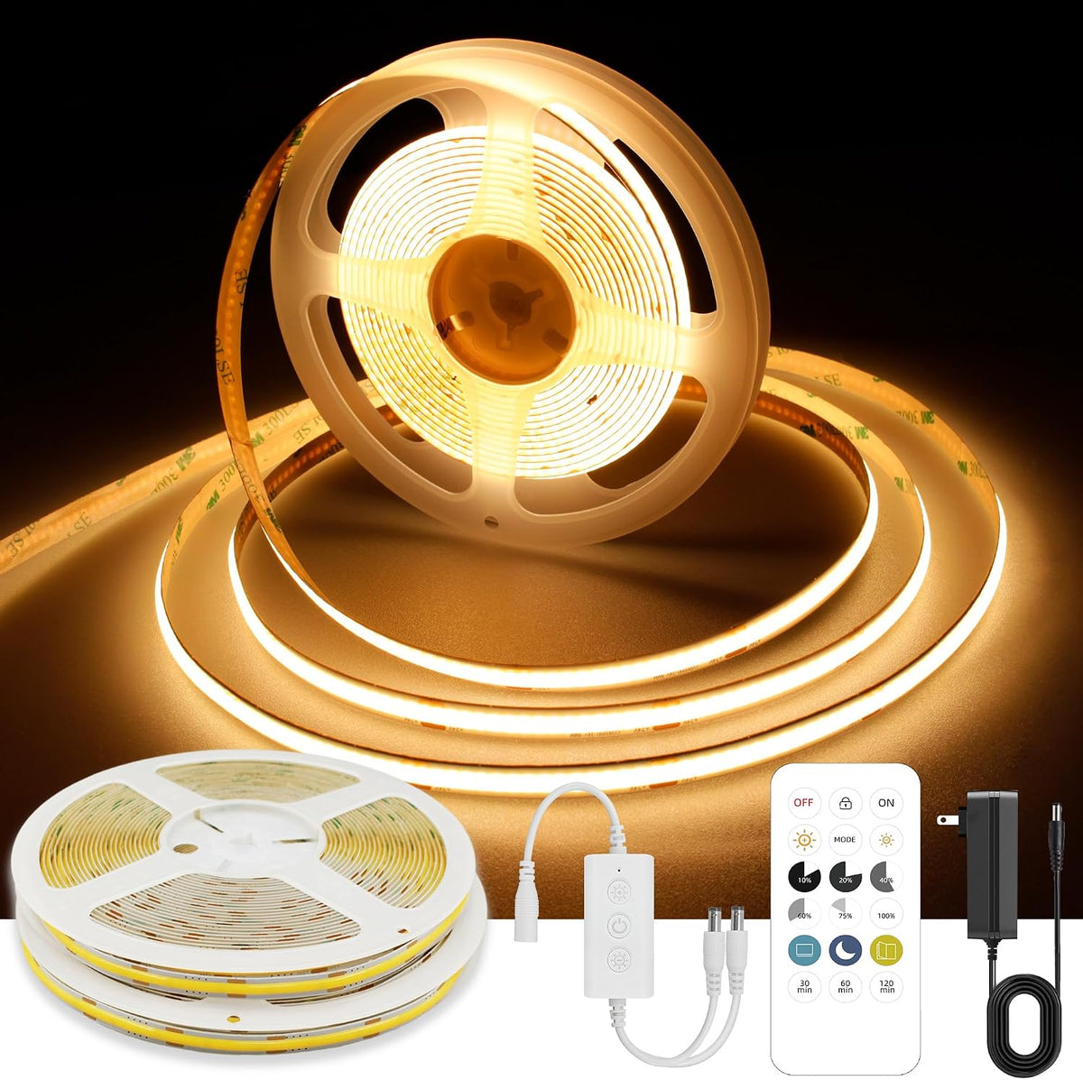 AXMOTUT COB LED Strip Light Warm White 24.6FT, High Bright LED Strips with 2400LEDs, RF Remote and UL Power Supply, 3000K Dimmable LED Lights for Bedroom, Kitchen, DIY Home Decoration