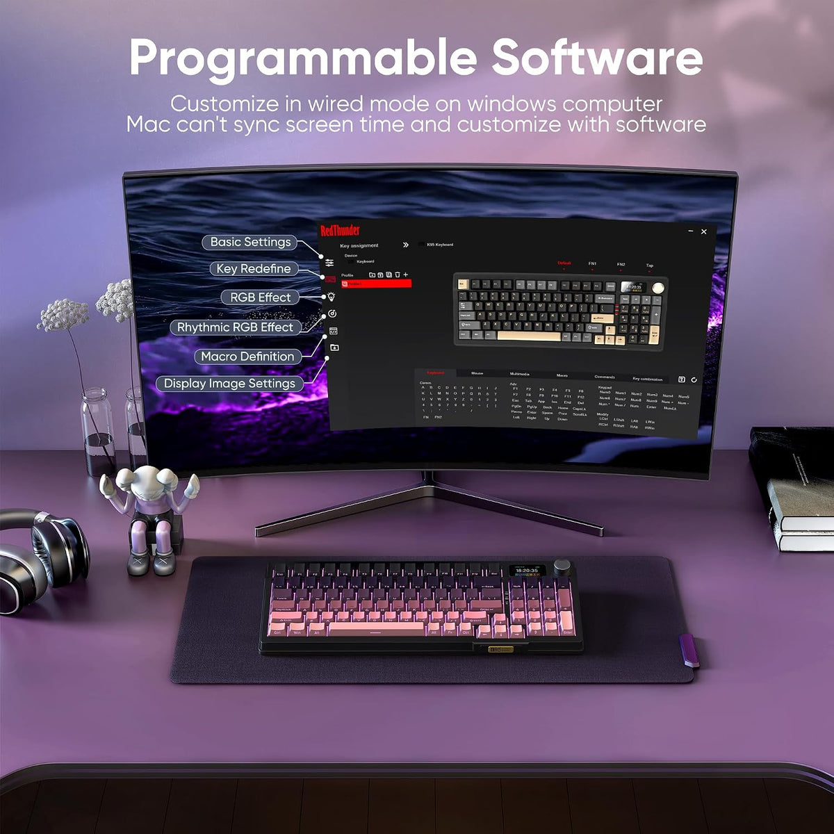 RedThunder K95 Wireless Mechanical Keyboard,TFT Screen & Knob, Trip-Modes Connection, Gasket Custom Hot-Swap Keyboard, RGB Backlit, Pre-lubed Linear Switches, Side Printed PBT Keycaps, Gradient Pink
