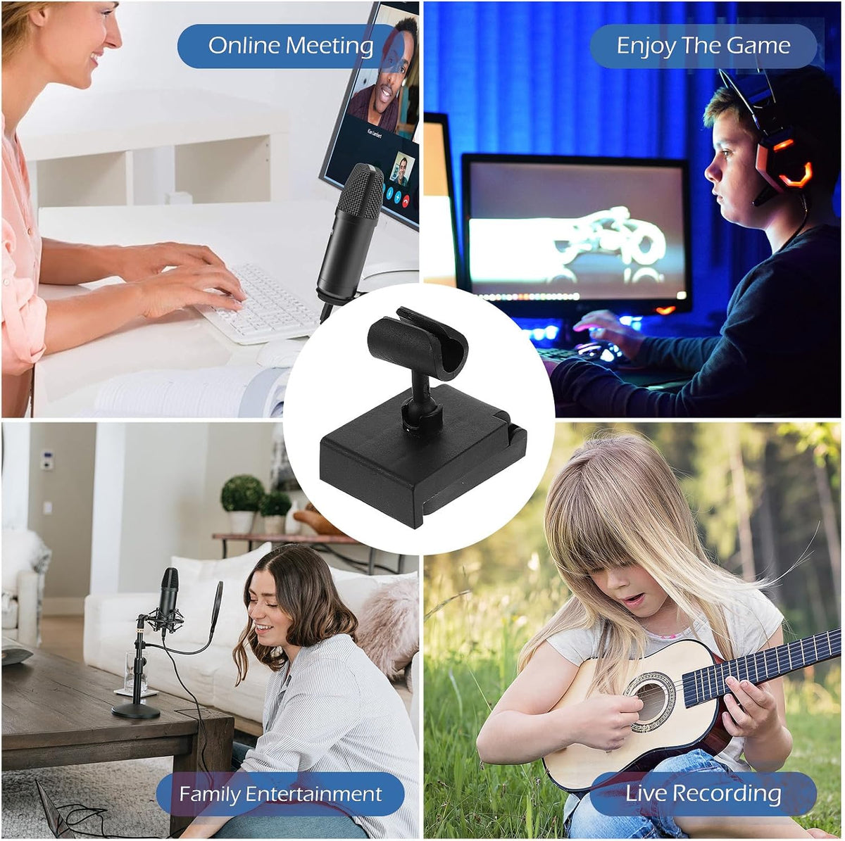 GLEAVI 6pcs Mini Black Microphone Desk Stand Holder Base with Table Mount Clamp, Adjustable Short Mic Stand for Mobile Phones, and Desktop Ktv Singing Use