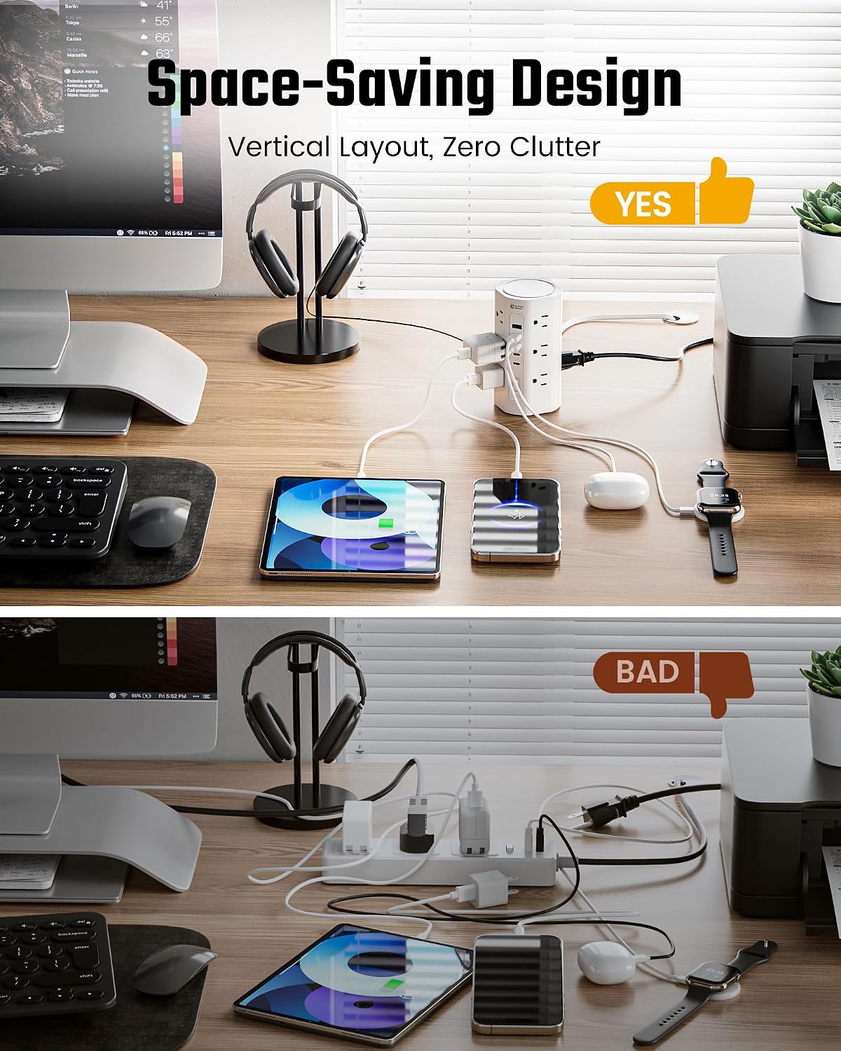 SUPERDANNY Tower Power Strip, 10Ft Extension Cord, 1700J, 12 AC 5 USB,White | 3 USB A, 2 USB C, Surge Protector Power Tower, Flat Plug, Desk Charging Station with Multiple Outlets, Home Office Dorm Room