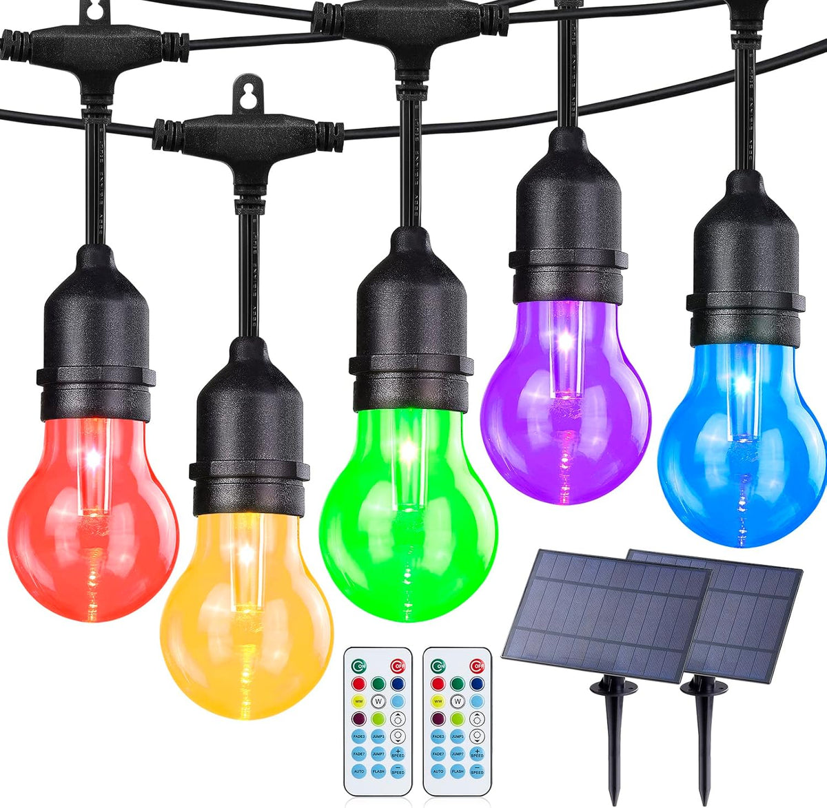 Auroraworld 35FT Solar RGB Outdoor String Lights, Dimmable Waterproof LED Patio Lights with Remote, 11 Shatterproof Edison Bulbs for Cafe Garden Party Decor