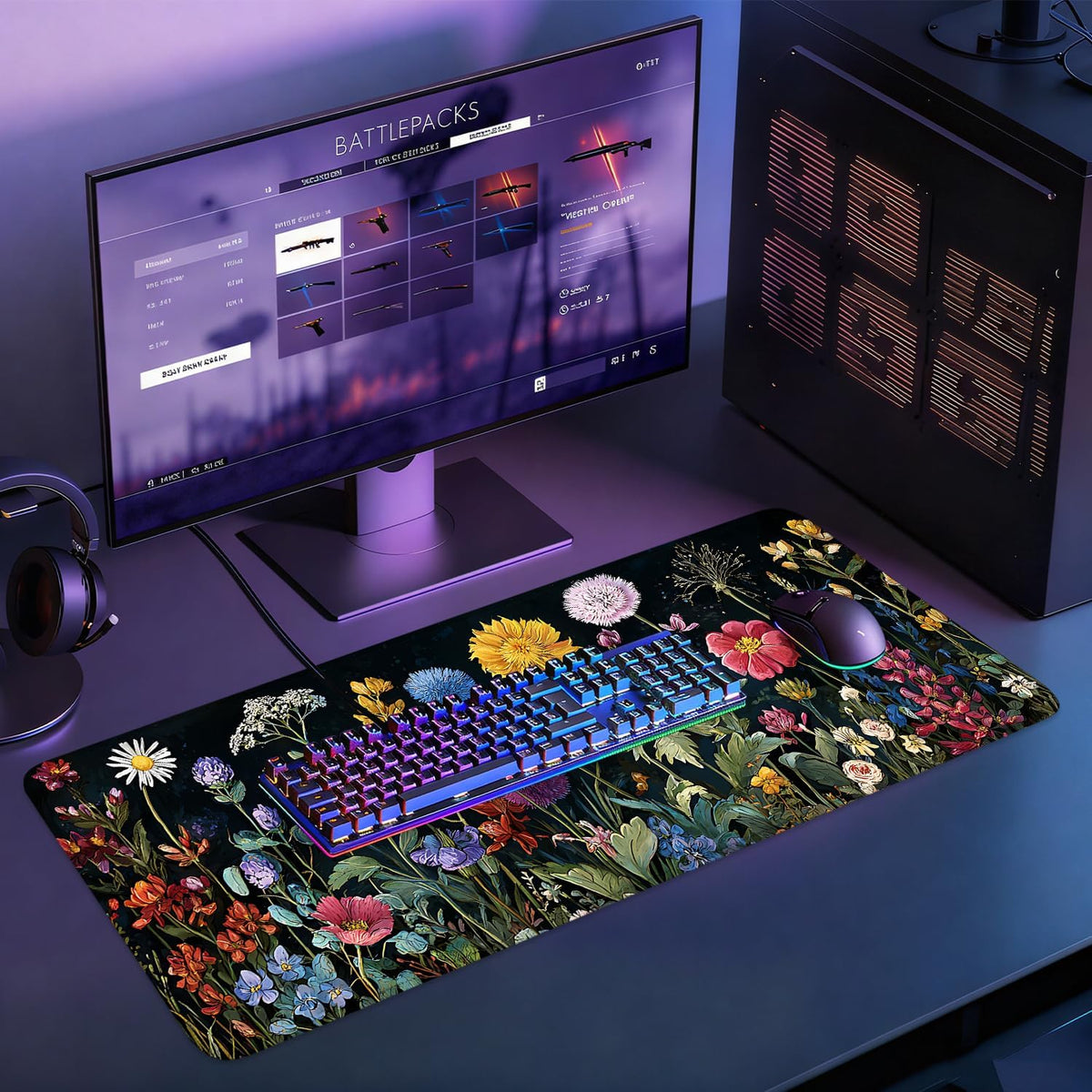 Desk Mat, XXL Extended Gaming Pad for Desktop, 35x16 Inches Vibrant Floral Colorful Flower Bouquet, Large Non-Slip Vegan Leather Surface with Stitched Edges, Keyboard Mouse Mat for Home Office