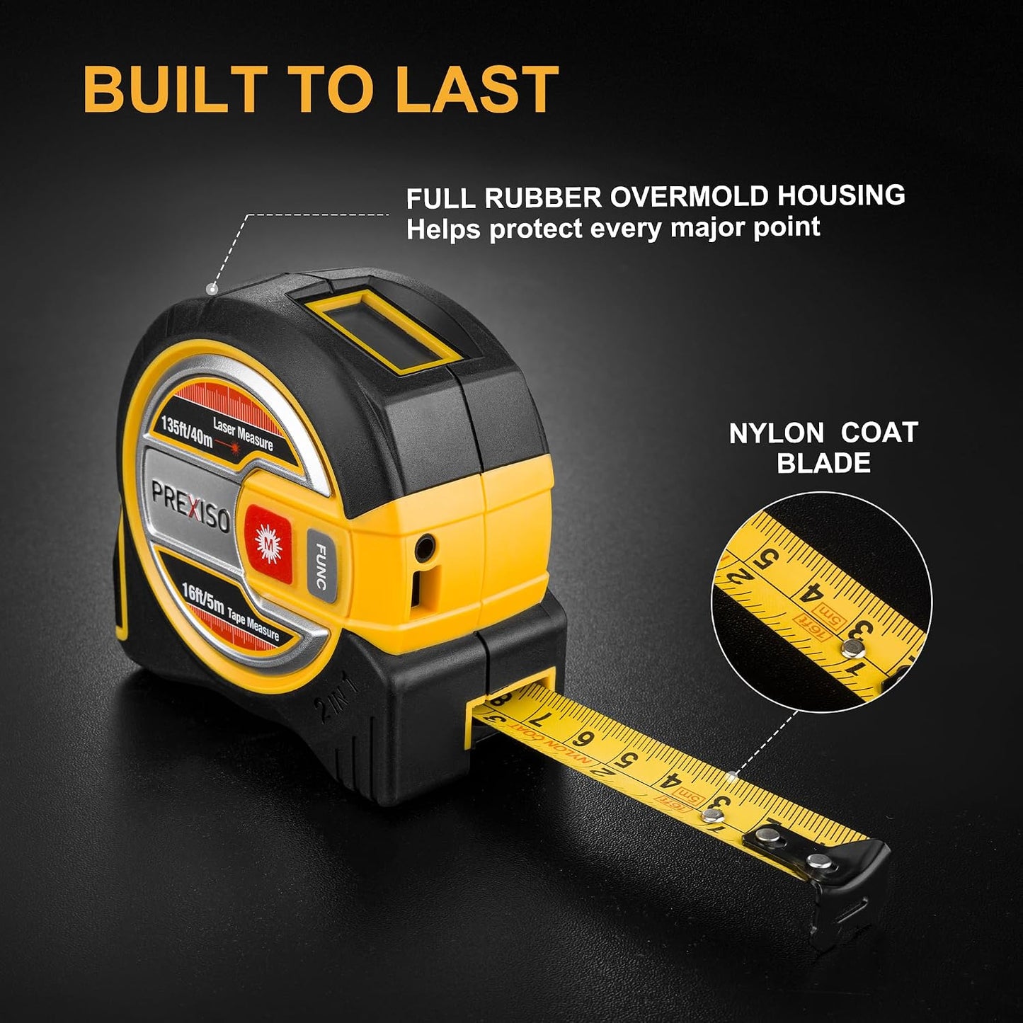 PREXISO 2-in-1 Laser Tape Measure - NOT Digital - 135Ft Laser Measurement Tool & 16Ft Measuring Tape with Auto Lock & Movable Magnetic Hook - Pythagorean, Area, Volume, Ft/Ft+in/in/M Unit-NOT Digital