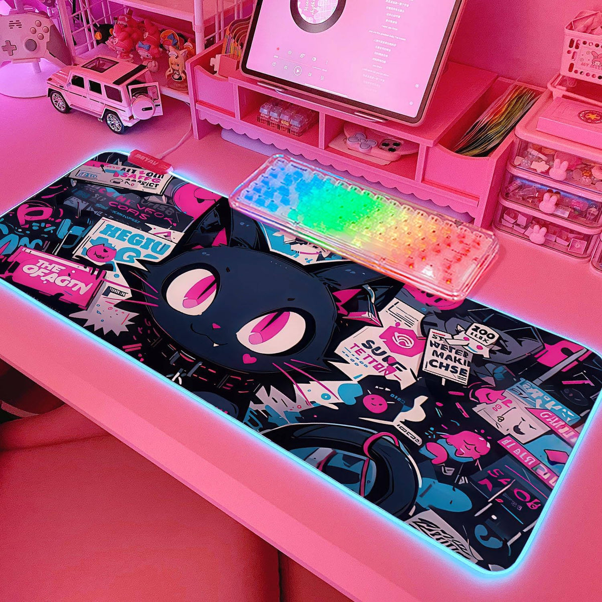 JMIYAV Pink RGB Gaming Mouse Pad 31.5x12 Inch PC XL Large Extended Glowing Led Light Up Desk Pad Non-Slip Rubber Base Computer Cute Mousepad Mat Desk Accessories Gaming Setup Neon Cat