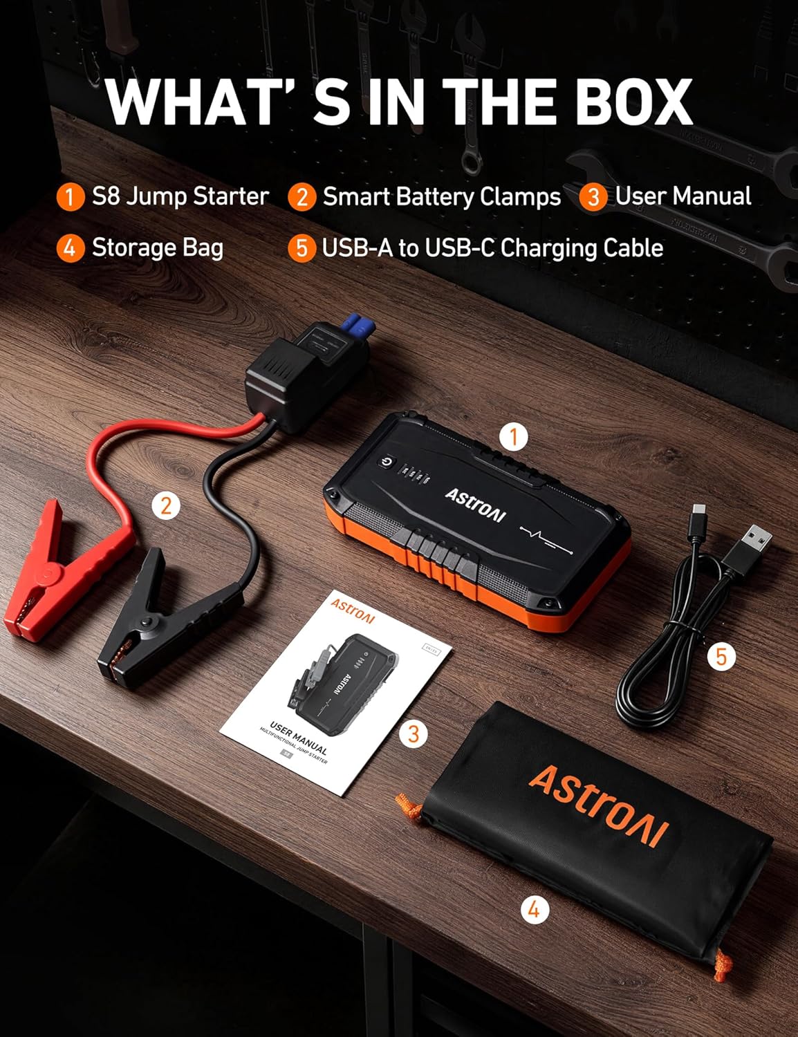 AstroAI S8 Car Battery Jump Starter 1500A – Portable 12V Lithium Jump Box with 3 Mode Flashlight, Power Bank & Smart Jumper Cables - for 6.0L Gas and 3.0L Diesel Engine,Orange