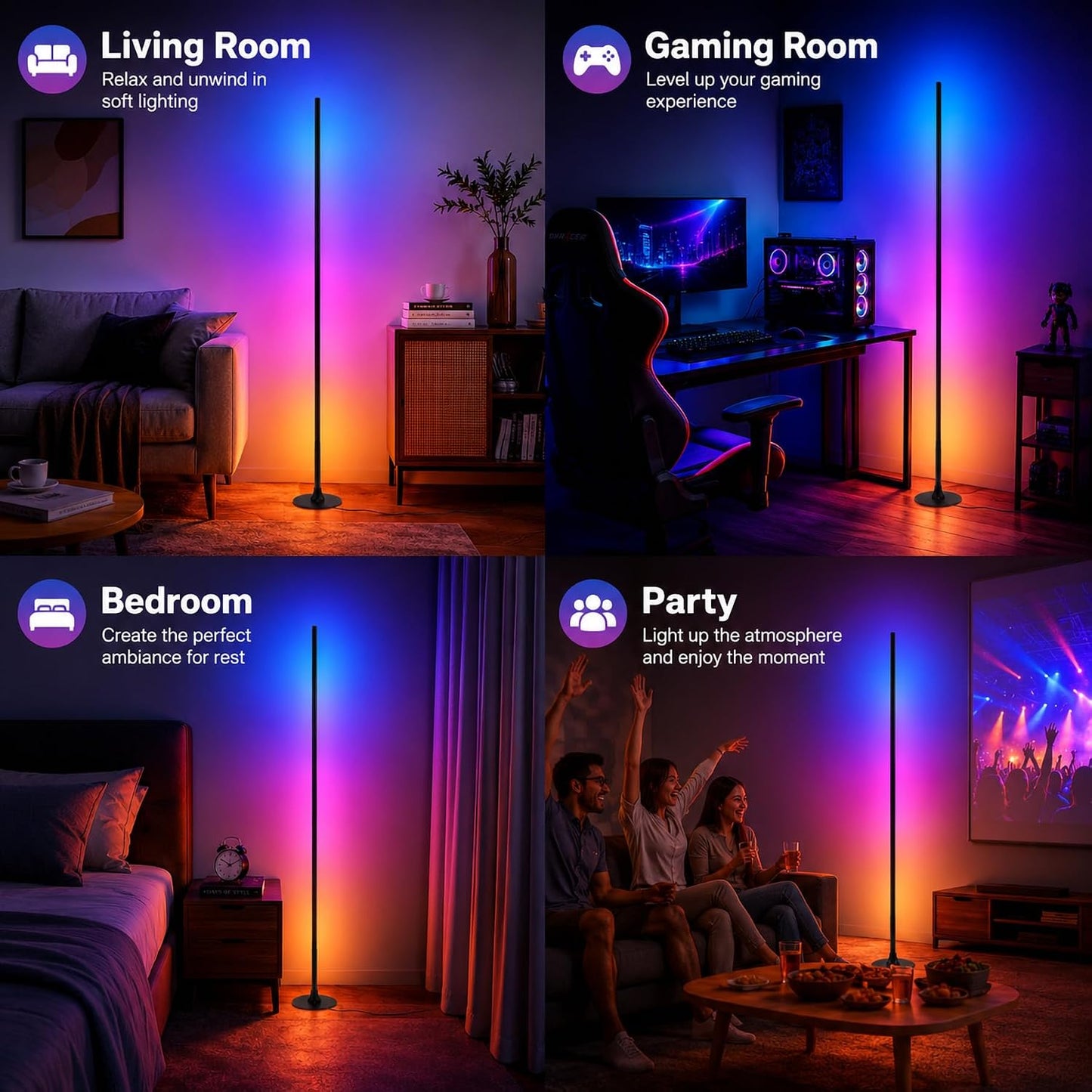 Corner Floor Lamp with Remote & App Control,RGB Color Changing LED Floor Lamp with Music Sync,16 Million Colors & 100+ Scene Modes,Dimmable Ambient Light for Living Room Gaming Room,USB Powered