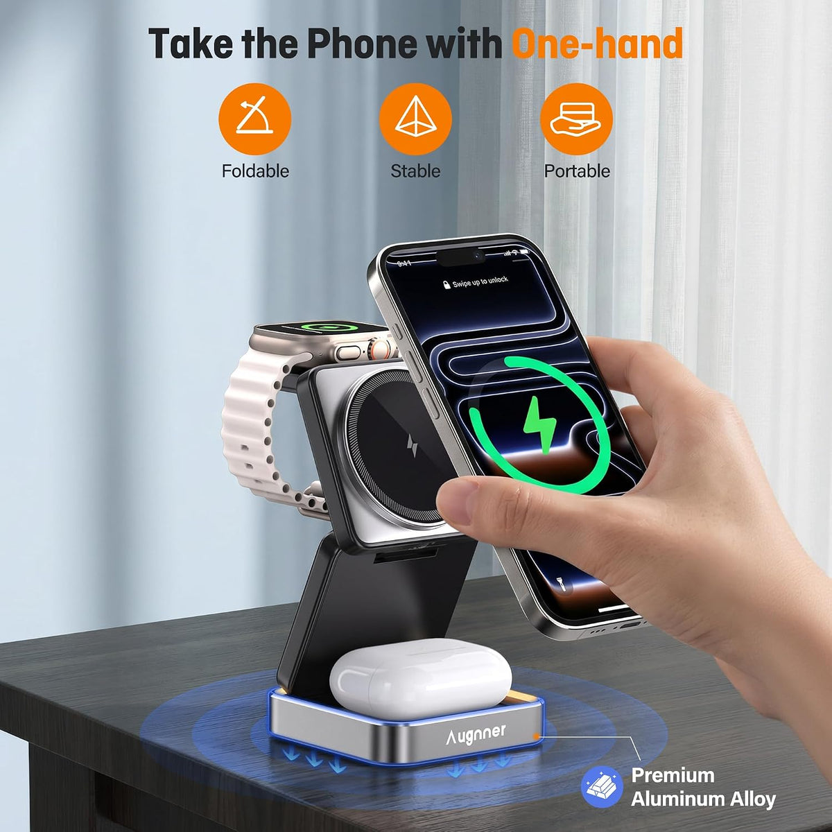 【2026 Upgraded】 Wireless Charger 3 in 1, Foldable Wireless Charging Station with Light for Apple Magnetic Charger, Travel Magnetic Charger Stand, Nightstand Fast 15W Charging Station (20W Adapter)
