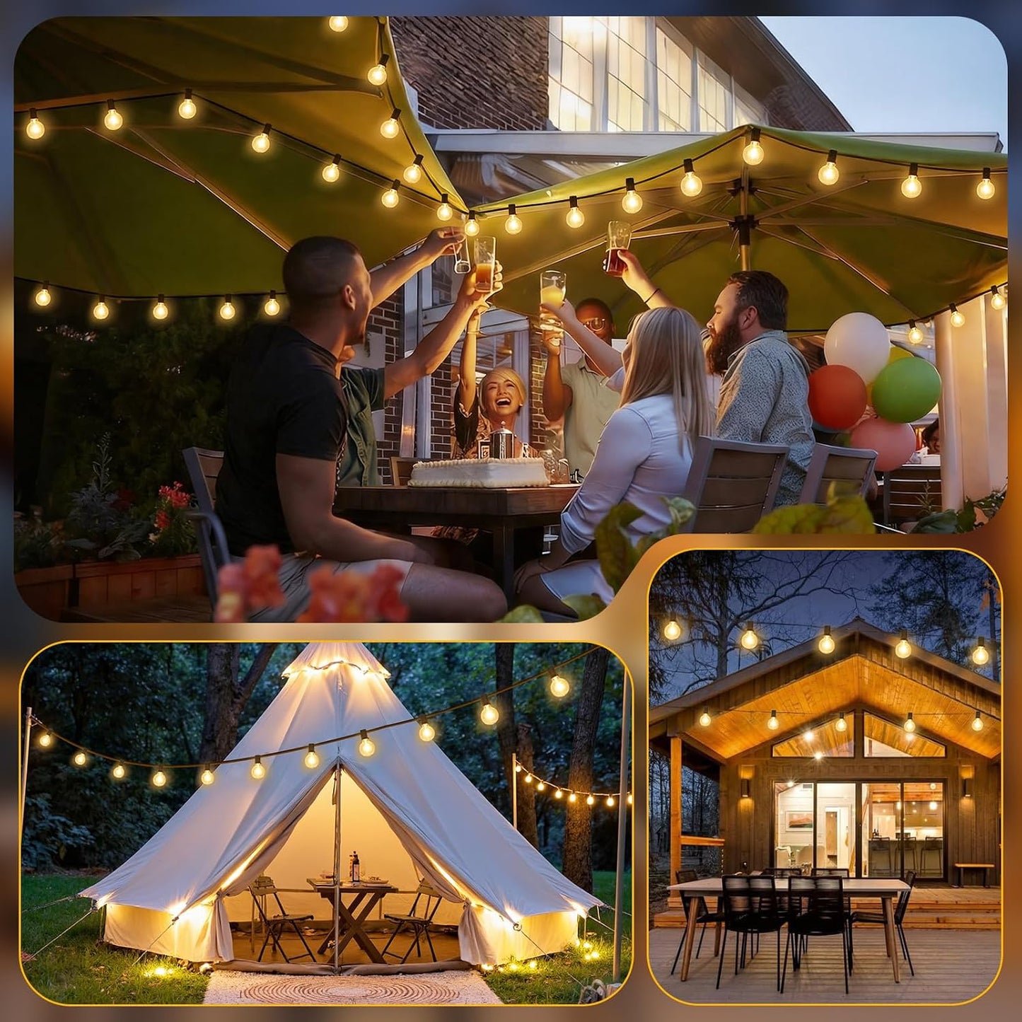 25FT G40 LED Outdoor String Lights with 10+1 Bulbs, Plug-in, Black | Waterproof, Shatterproof, Dimmable, Connectable, Energy-saving, Patio Lights Porch Balcony Backyard Party Classroom Decor