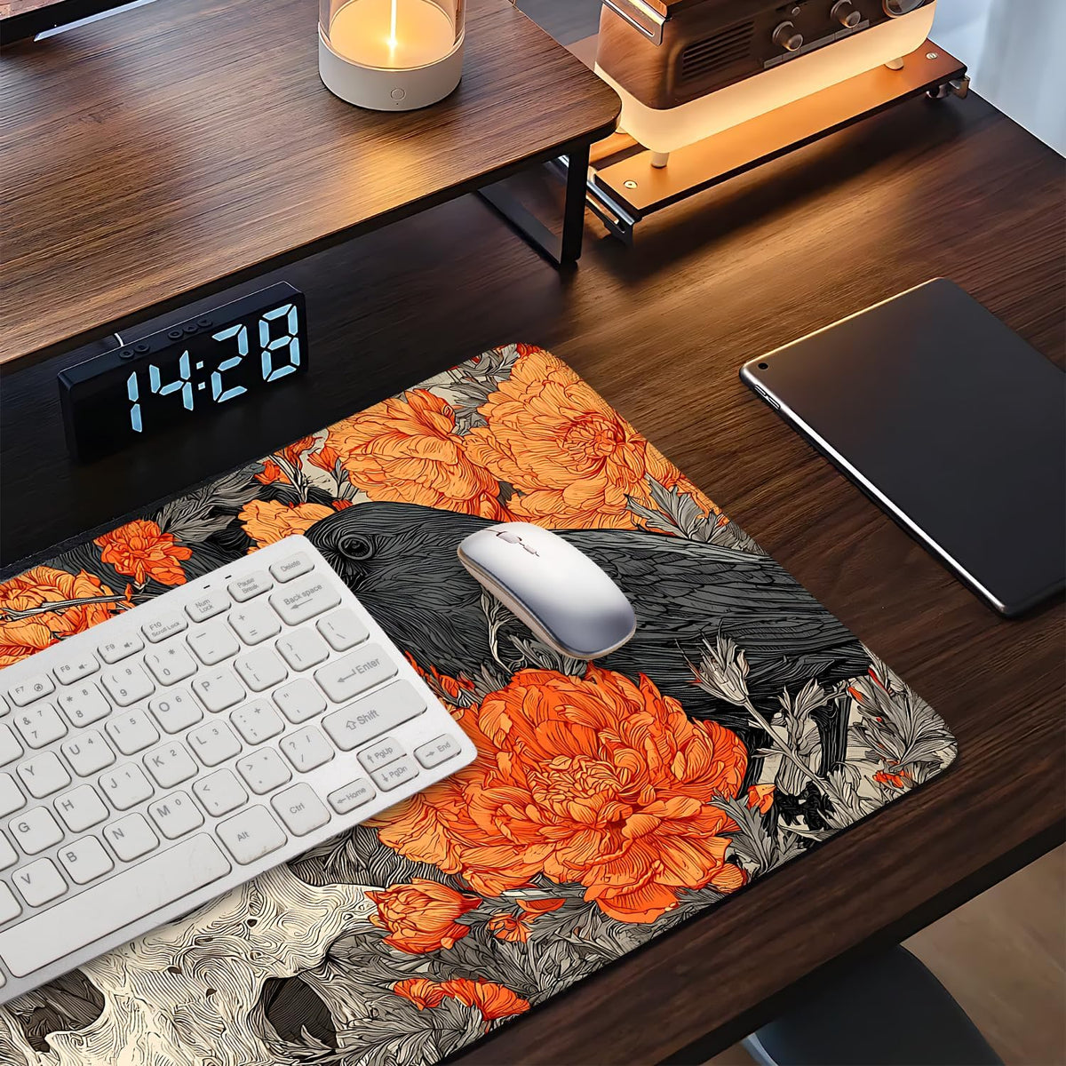 Mouse Pad Desk Mat for Desktop, Large 35.43" x 15.75" Extended Gaming Mousepad with Skull and Raven Design, Waterproof Non-Slip Rubber Base, Computer Laptop Desk Accessories for Women Men Home Office