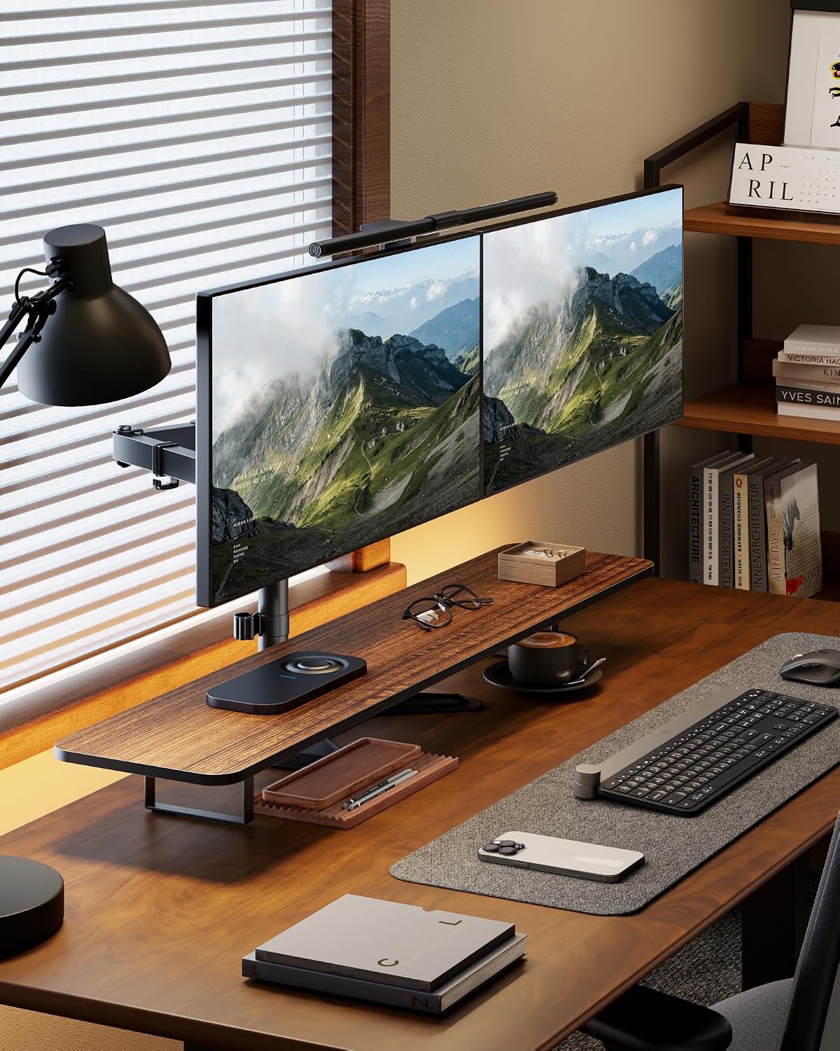monTEK Freestanding Dual Monitor Stand for 17-32" Screens, 22 lbs Each | Solid V-shaped base, dual-screen full-motion arms, height adjustment, tilt, swivel, rotation and VESA 75/100