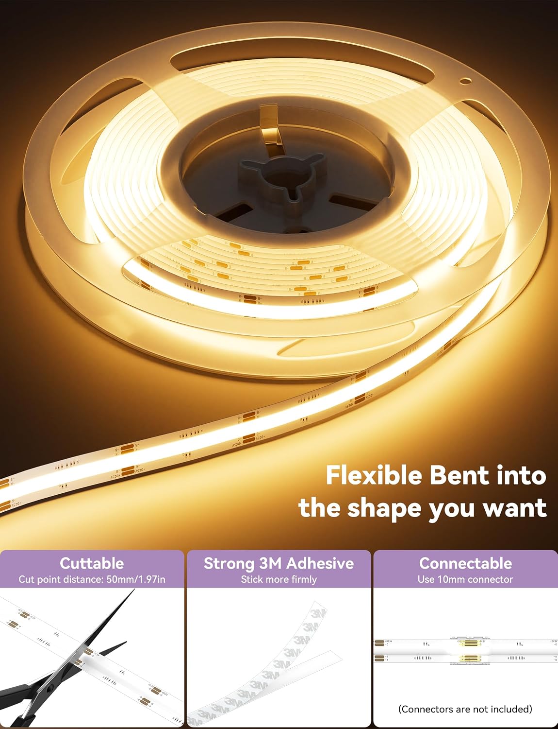 MIWISE 5V USB RGB COB LED Strip Light,9.84ft/3m Tape Lights,RF & App Control,Music Sync,Ultra Bright Color Changing Lighting,UL-Listed,Cuttable & Flexible for Bedroom,Kitchen,Desk,Party,Home Decor