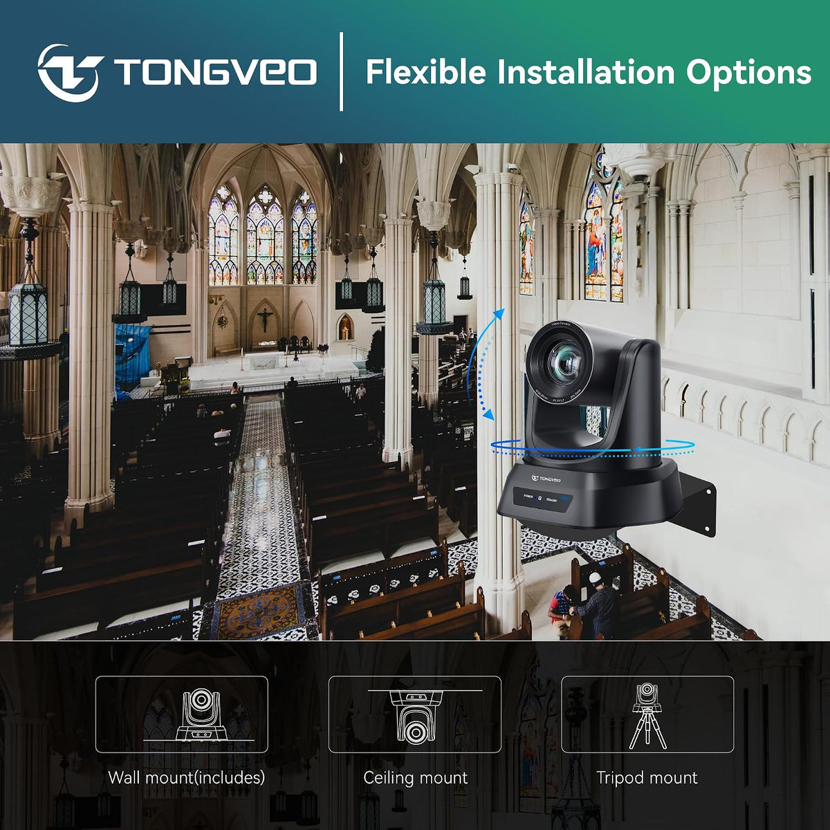 TONGVEO Wireless AI PTZ 20X Zoom Camera with Auto-Tracking: Built-in 5.8GHz Receiver for Cable-Free Setup, 1080P 60fps Conference Camera for Church Services, Online Classes & Hybrid Meetings