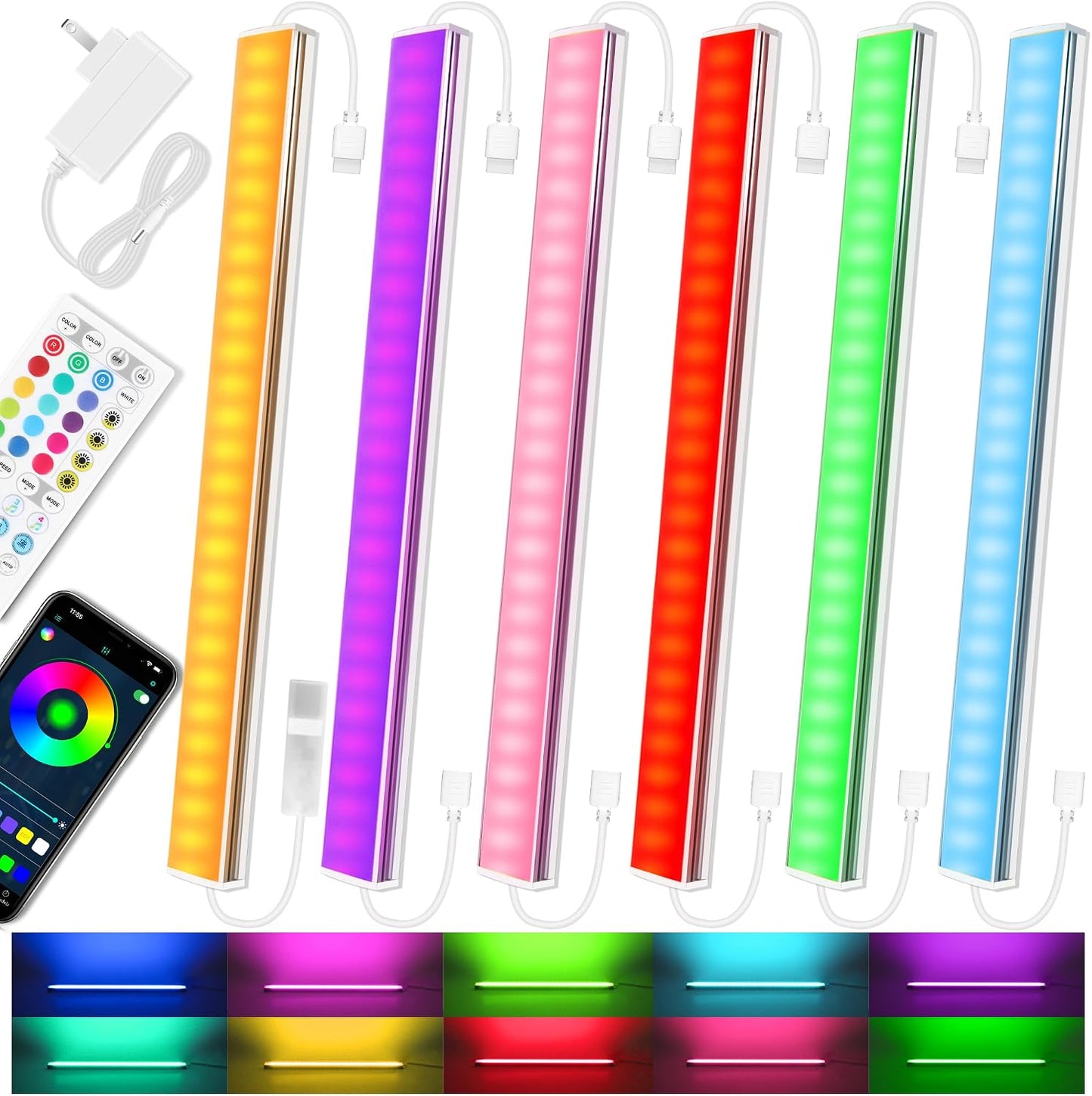 Benreom 3 Pack RGB Under Cabinet Lights with App and Remote Control | Dimmable Plug-In LED Light Bars for Kitchen Cabinets, Counters, Workbenches and Desks