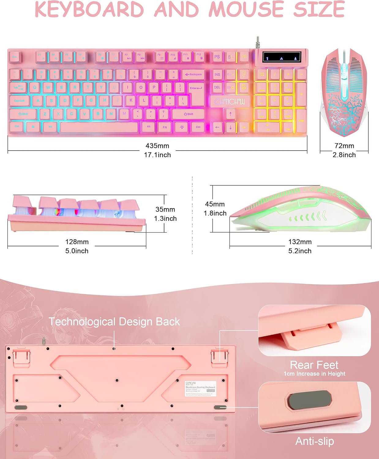 Wired Pink Gaming Keyboard and Mouse Combo with LED Backlit for PC Laptop | Multimedia Function Keys, 19 Key Anti-ghosting, Number Pad, 104 Keys Light Up Keyboard & RGB Mouse Set for Computer PS5 Xbox