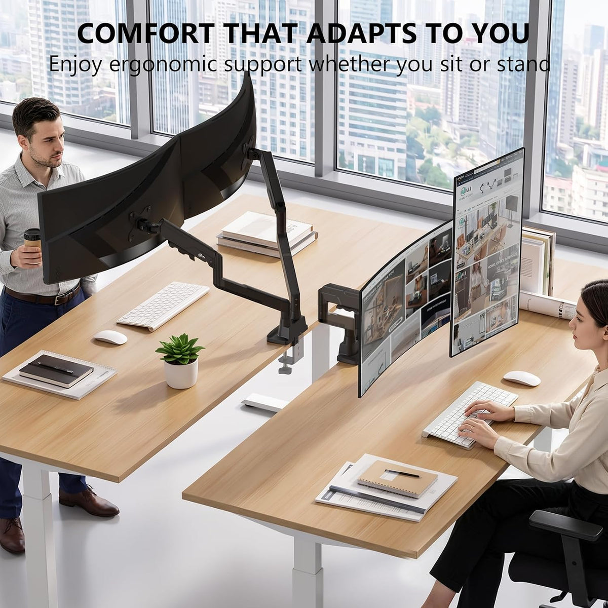 WALI Longer Dual Monitor Arm for 13-43 inch Curved Screens, 33 lbs per Arm