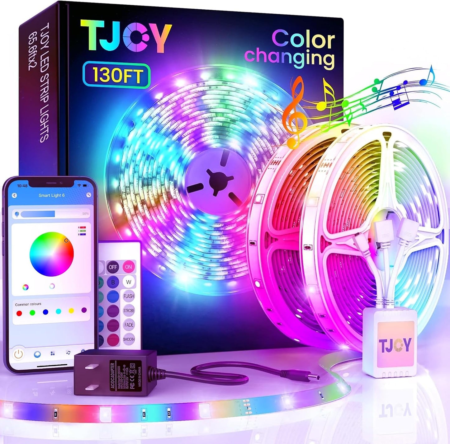 TJOY LED Lights for Bedroom 100ft, RGB Color Changing Led Strip Lighting with Remote and Smart APP Control, Music Sync Rope Lights via Bluetooth for Kitchen, TV, Room Decor