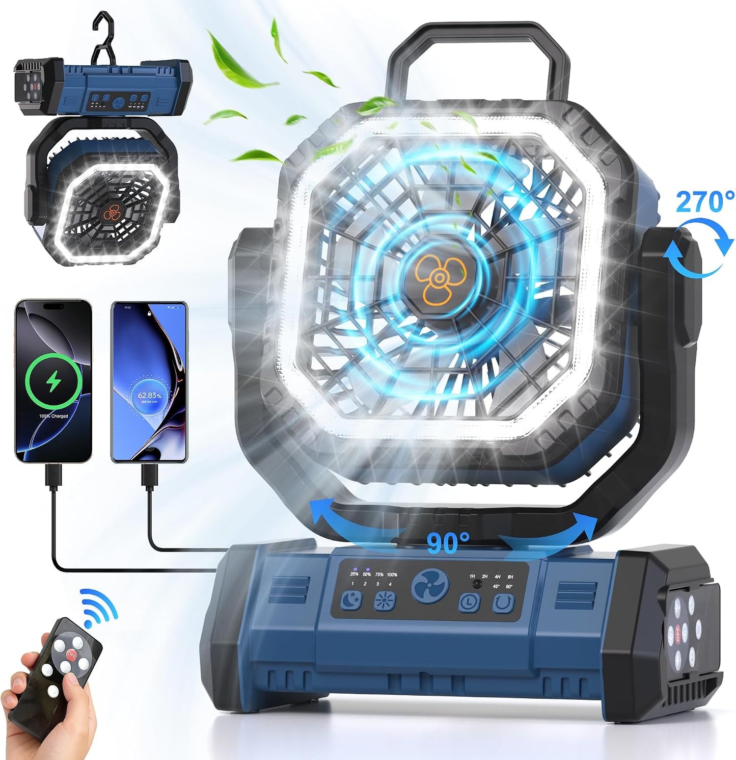 Honesorn 20000mAh Rechargeable Camping Fan with LED Light Remote, Navy Blue | Up to 60H Runtime, 45°/90°Oscillating, Hanging Hook, 4 Speeds, 8H Timer, USB-C Charging, for Camping, Tent, Travel, Outdoor
