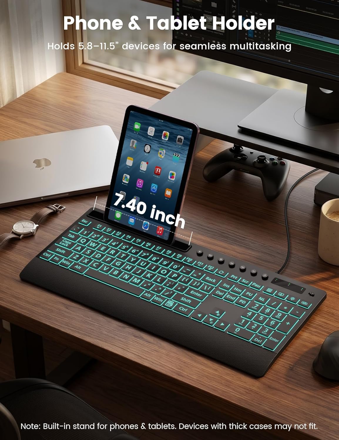 SABLUTE Wired Large Print Backlit Keyboard with Wrist Rest, K31PRO | 3X Larger Print Keys, 7-Color LED Backlight, Full Size Layout, Phone Holder, Quiet Typing, Plug & Play, Windows Compatible