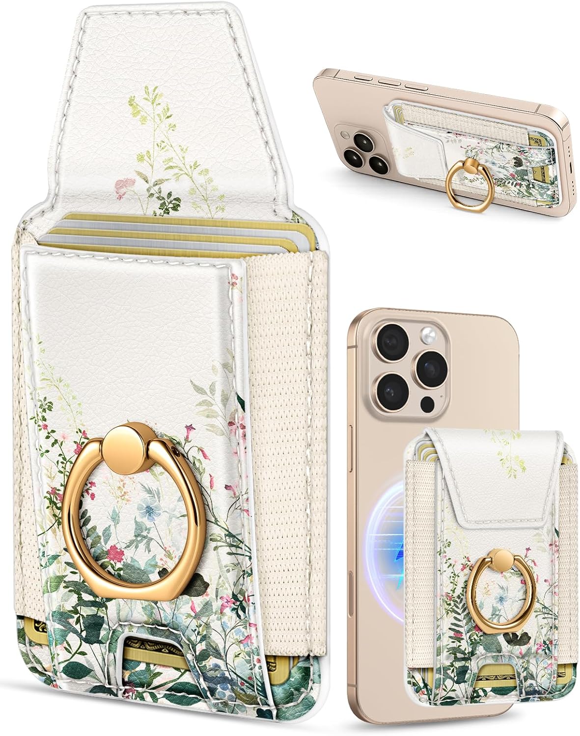 Shorogyt Compatible with Magsafe Wallet with Grip Magnetic Card Holder - Cute Phone Wallets with Ring Stand for iPhone 17/16/15/14/13/12 Series for Women Girls, Fit 7 Cards, Flower