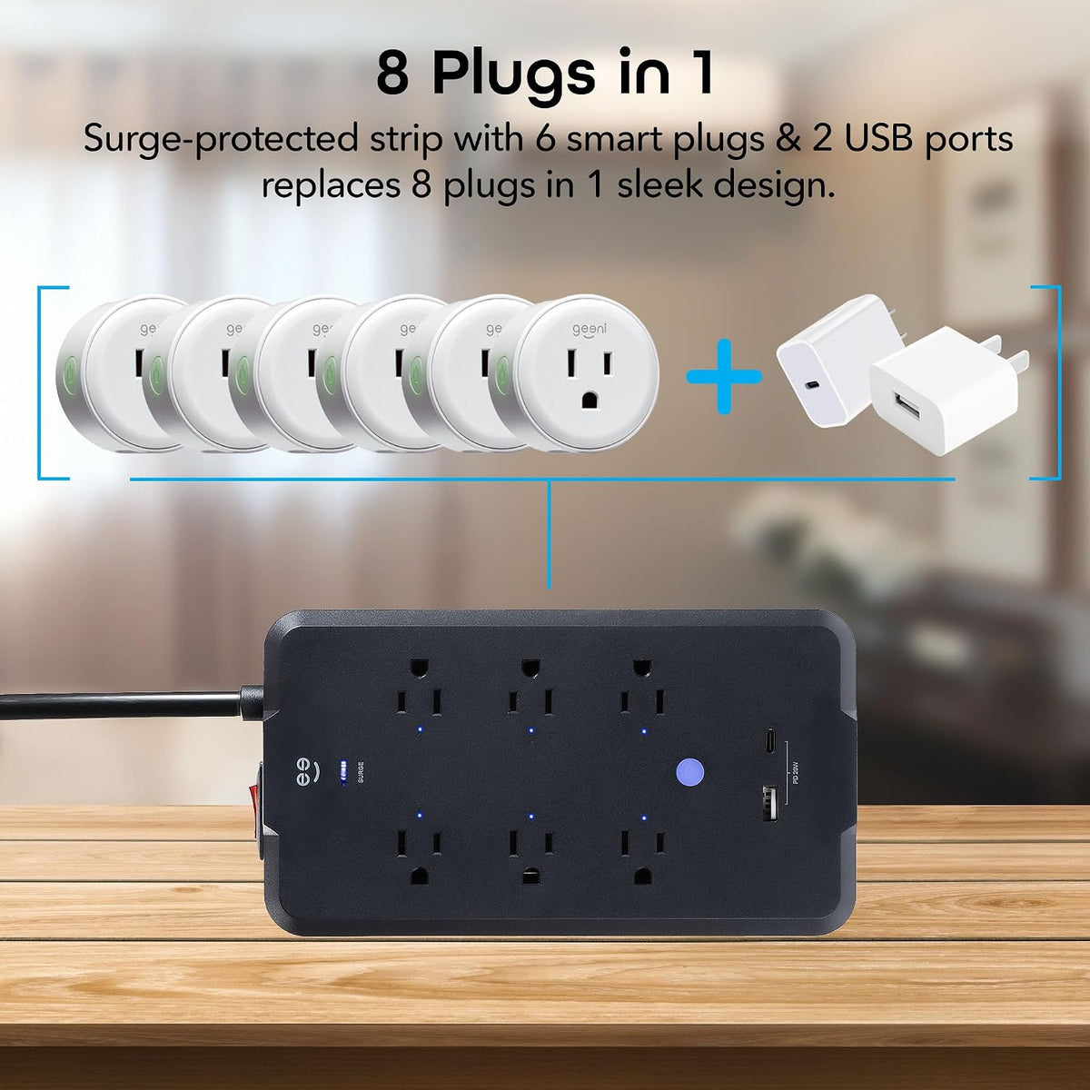 Geeni Smart Plug Power Strip, 6 Outlets & 2 USB Ports, Surge, 6 ft., Black