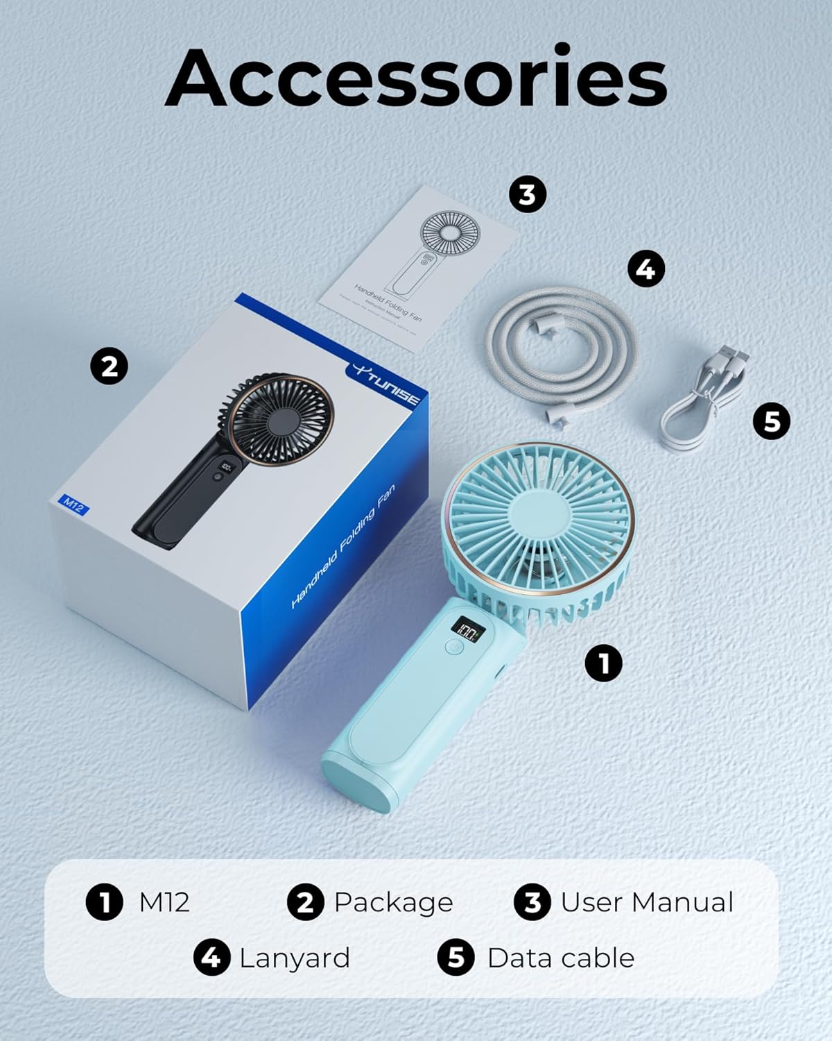 TUNISE Portable Handheld Fan, 4000mAh, 180 Adjustable, 6 Speed Wind, USB Rechargeable Foldable Fan with Real-Time Electricity Display