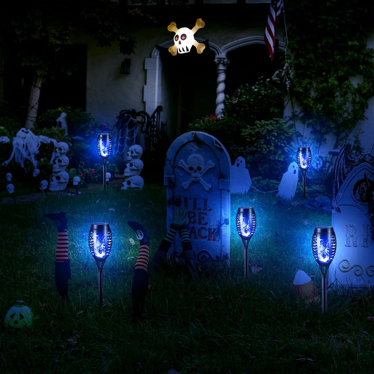 Toodour Solar Torch Flame Lights, 12 Pack Solar Halloween Lights Outdoor | with Flickering Flame, Waterproof Patio Light Landscape Decoration Lighting for Garden Yard Outdoor Halloween Decor - Blue