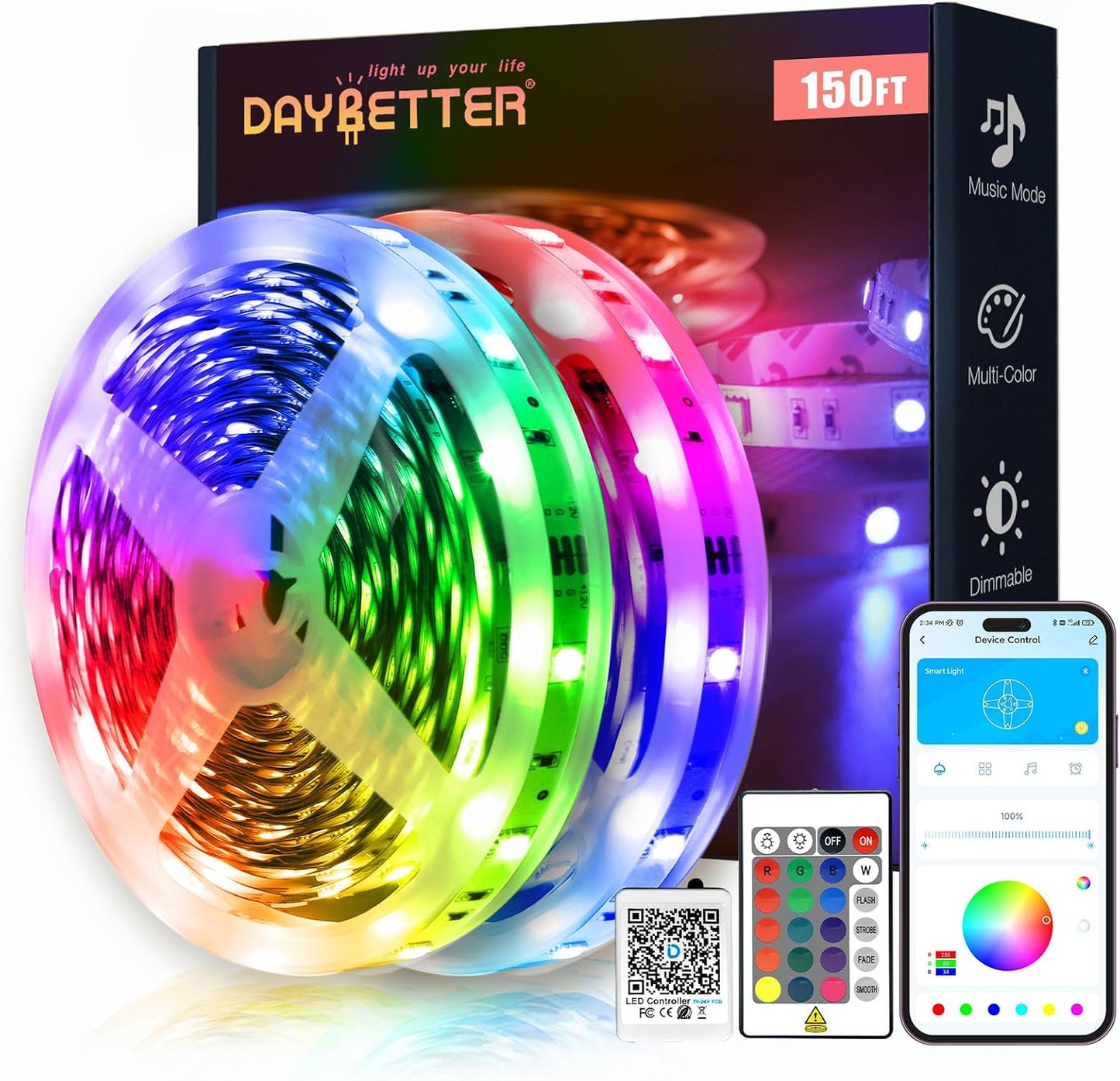 DAYBETTER Smart RGB Led Strip Lights, 50ft Led Lights for Bedroom with App Control, Multicolor Changing Led Light Strips Apply for Home Decor, Living Room, Kitchen, Home Party Decoration