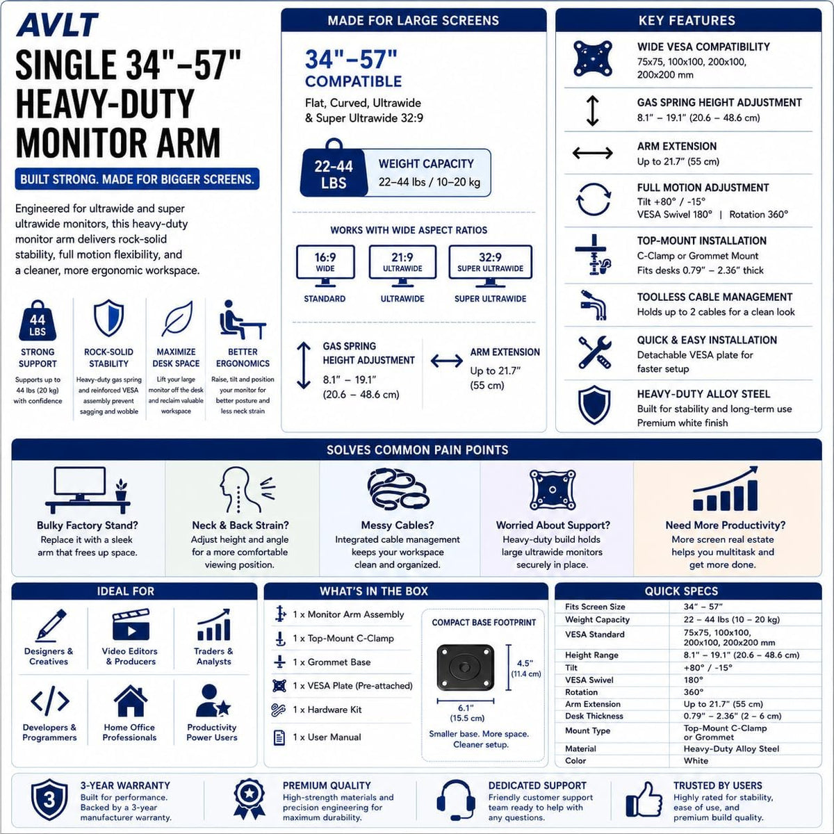 AVLT Single Monitor Arm Desk Mount for 34-57" Screens, Heavy Duty - Gray