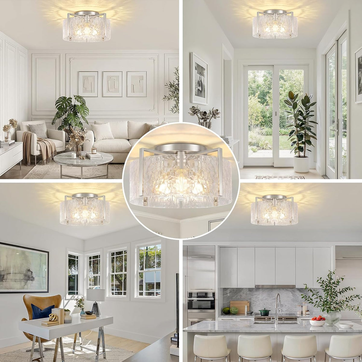 16" Semi-Flush Mount Ceiling Light, 4-Light Hammered Glass Drum Fixture