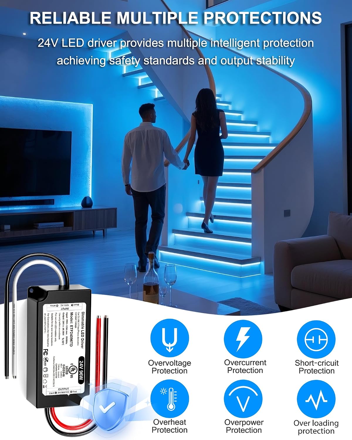 96W 24V Dimmable LED Driver UL Listed, DC 24V Triac ELV/MLV LED Dimmable Power Supply Compatible with Lutron & Leviton Switches 96 Watt LEDs Transformer 24 Volt Smooth Flicker Free Dimming