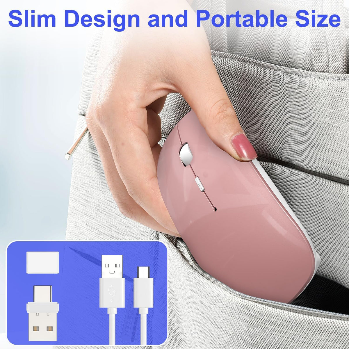 Bluetooth Wireless Mouse for MacBook Air Mac Pro Laptop Computer iPad Pad PC Laser Optical Rechargeable Mini Slim Silent Mouse Widely Used Desktop Hp iMac with USB-A/C& Mouse Jiggler(Rose Gold)