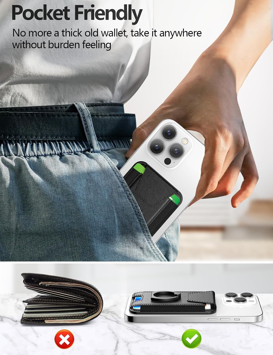 for Magsafe Wallet with Grip, 6-Card Holder; Stronger Magnetic Phone Wallet | Magnetic Card Wallet Holder for iPhone 17/16/15/14/13/12 Series, Privacy Flap, RFID Blocking, Black