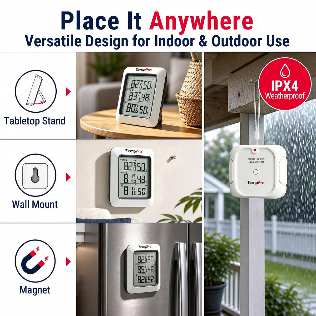 TempPro TempAir 500FT Indoor Outdoor Thermometer Wireless-2 Remote Sensors