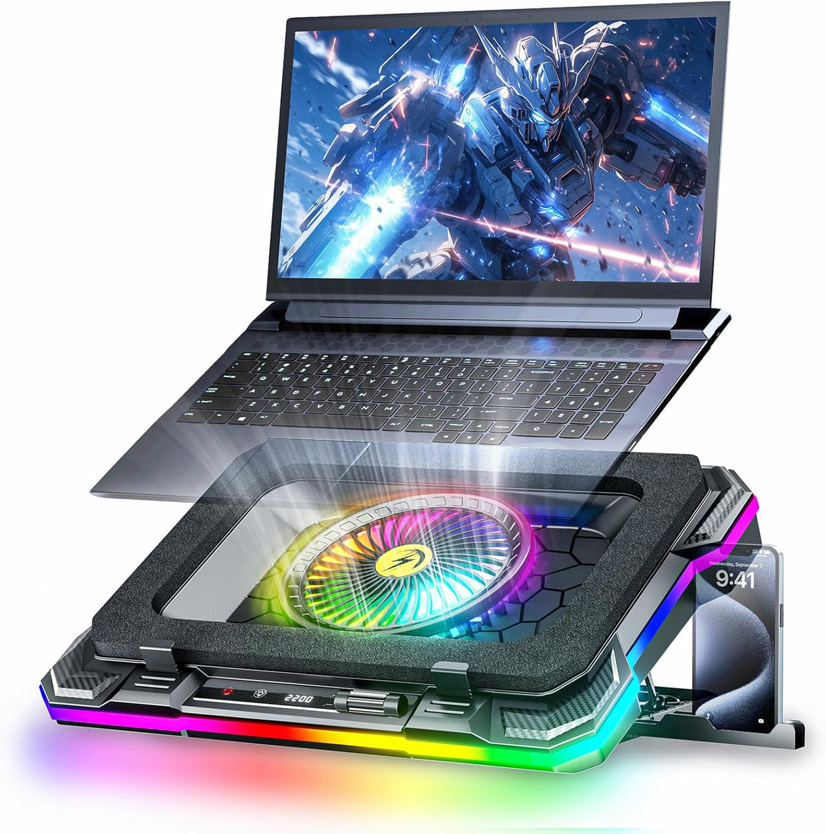 KeiBn Gaming Laptop Cooling Pad, Laptop Cooling Stand with 5.5inch External Cooling Fan, Rapid Cooling Laptop 15.6-19.3inch, Infinitely Variable Speed, 8 Height Stands, 4 USB Ports, Blue