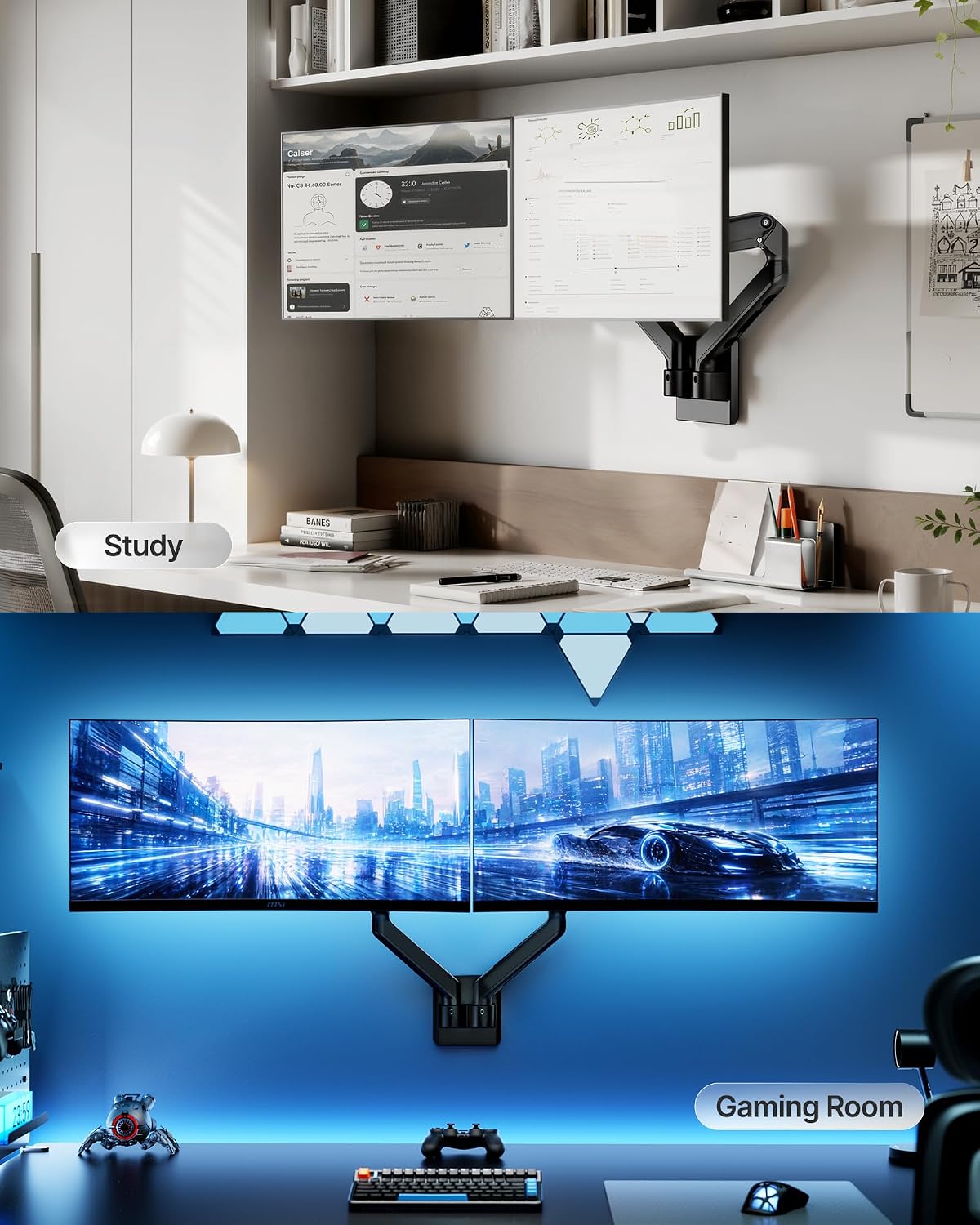 monTEK Dual Monitor Wall Mount, Wobble-Free Spring, 17–32" Full Motion