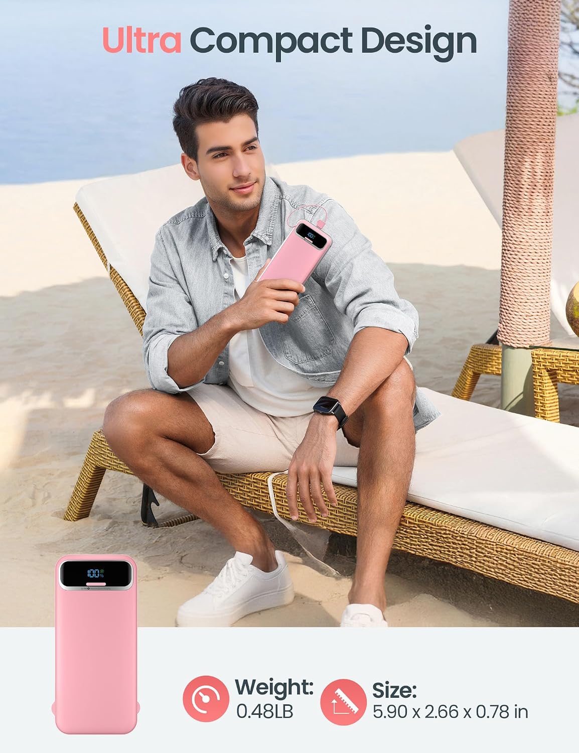aonidi Portable Charger 12000mAh with Built-in Cables&AC Wall Plug, Pink | PD20W USB C Fast Charging,LED Display External Travel Power Bank,TSA approved Battery Pack for All iPhone,Samsung,Android
