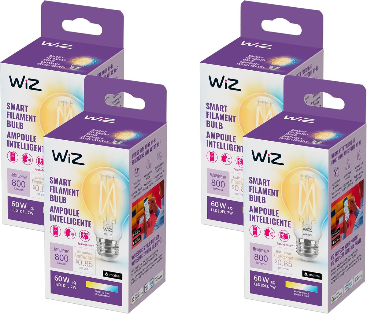 WiZ Clear 60W A19 Tunable White Filament LED Smart Bulb - Pack of 1 - E26- Indoor - Connects to Your Existing Wi-Fi - Control with Voice or App + Activate with Motion - Matter Compatible