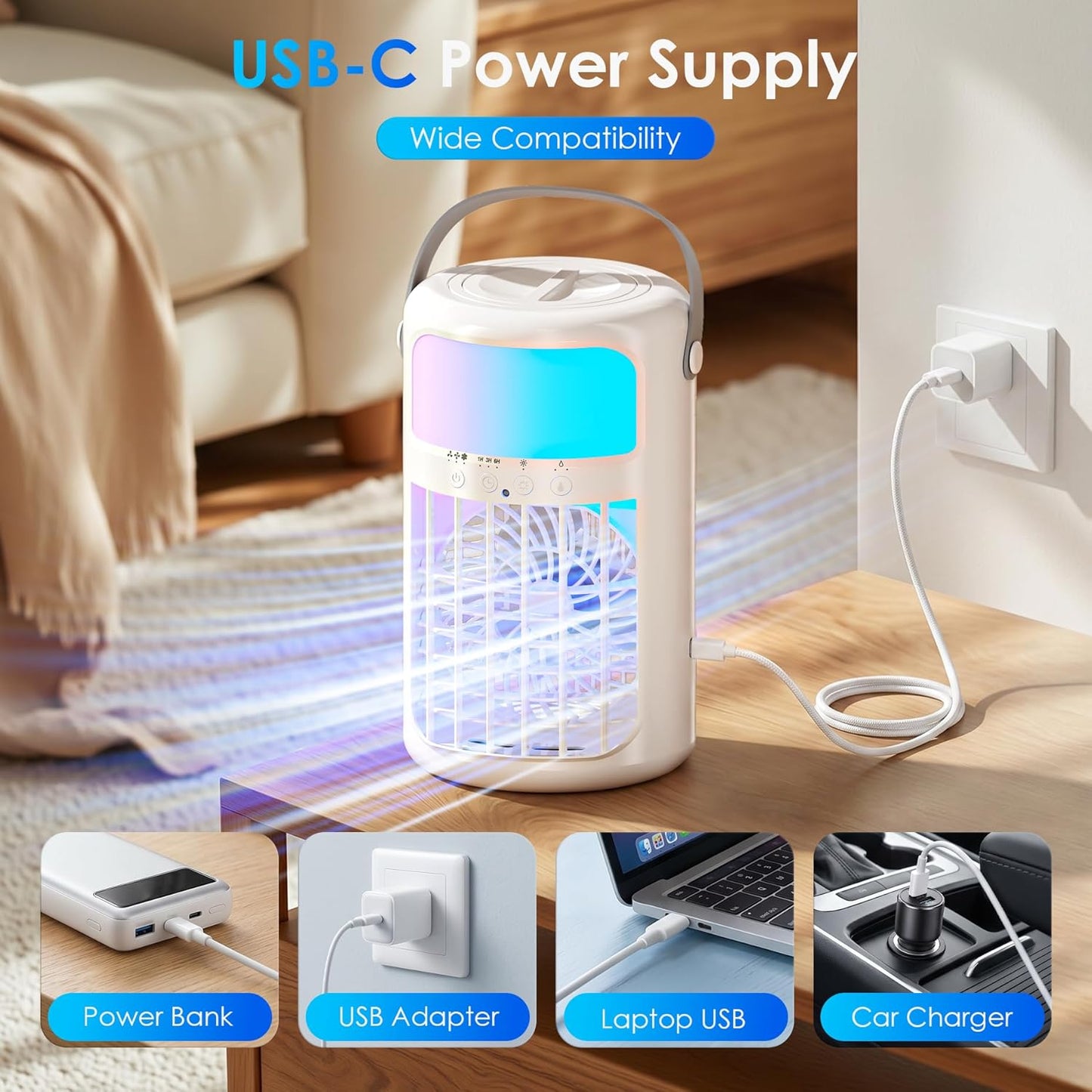 Portable Air Conditioners, Evaporative Air Cooler, 4-in-1 Portable AC Fan, 1500ML Tank, 3 Speeds & 2 Mist Modes, Remote, USB-C Cooling for Bedroom Office Camping