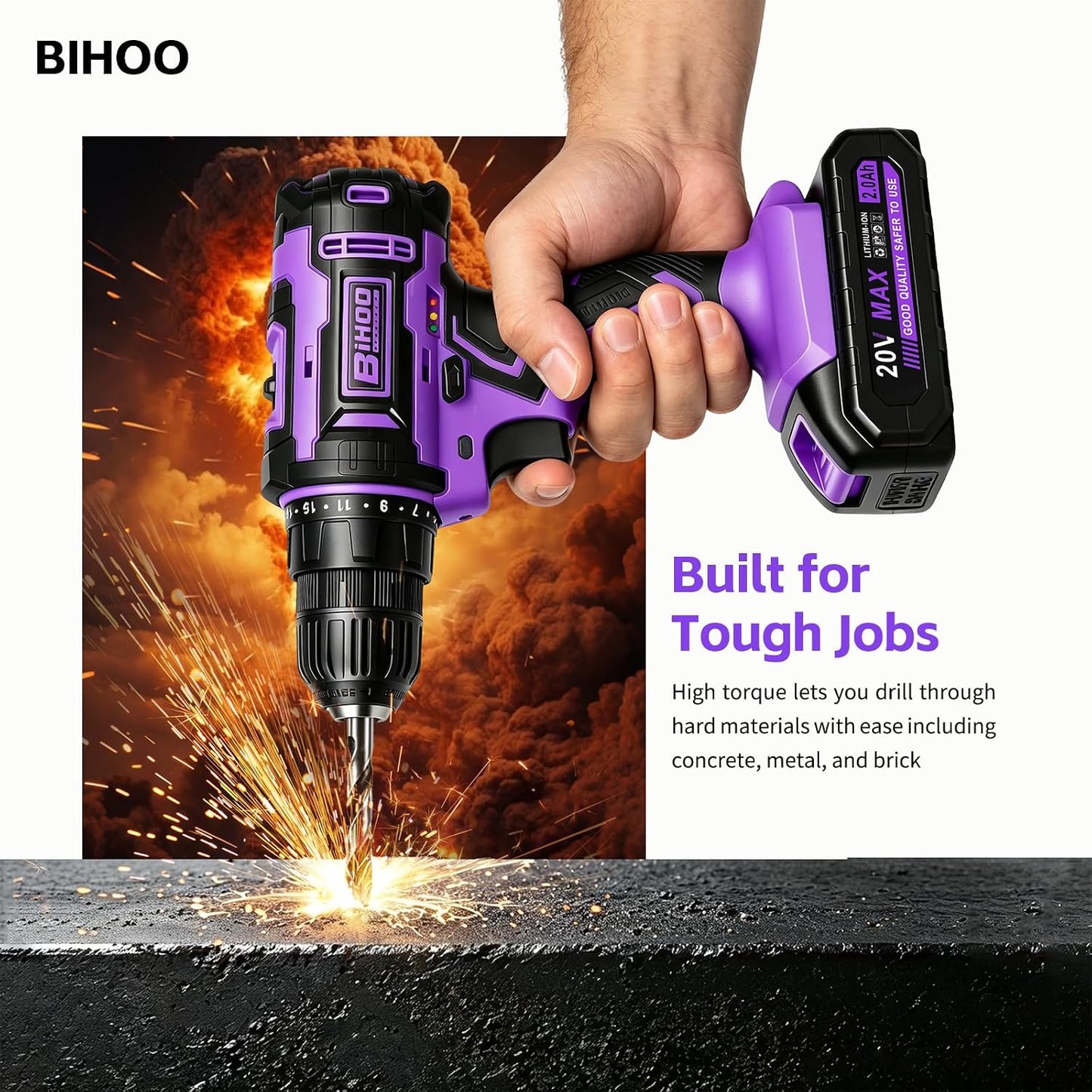 20V Cordless Drill with Battery and Charger, 3/8'' chuck, Purple | 25+1 torque settings, 25Nm max, 2-speed 1600RPM electric screwdriver, 3/8 inch keyless chuck, LED light, 2000mAh Li-ion power