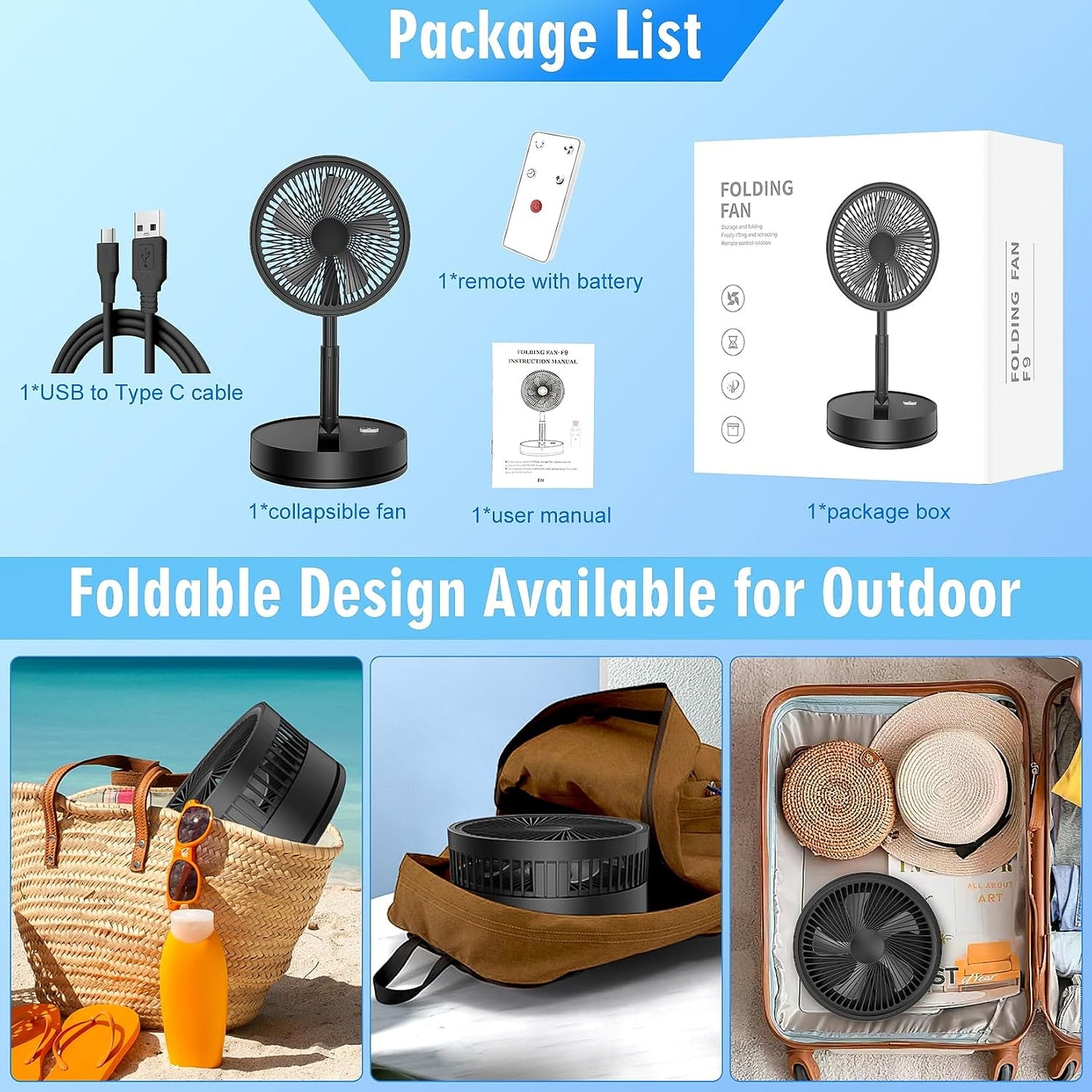 Portable Foldable Rechargeable Oscillating Fan - 8.6" 8000mah Remote Fan | Battery Operated USB C Small Fan Quiet Table Desk Fan Folding Standing Pedestal Fan for Bedroom Rome Office Camping Travel