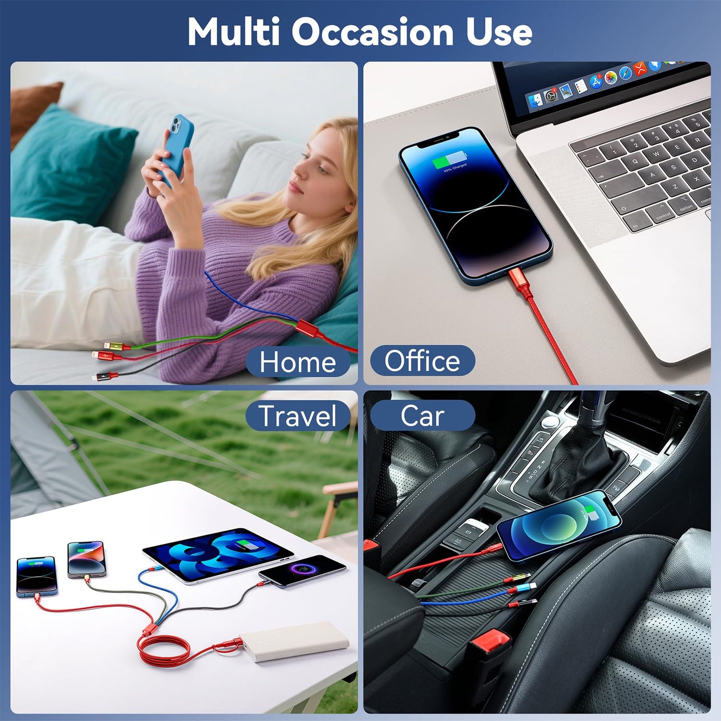 6 in 1 Multi Charging Cable 4A, USBA/C Charging Cords for Multiple Devices | USB A/C Ports Phone Charger Cord, Universal Travel Charger for iPhone17-12/Androids/Pad, Car, Camping and More, 2Pack 6FT