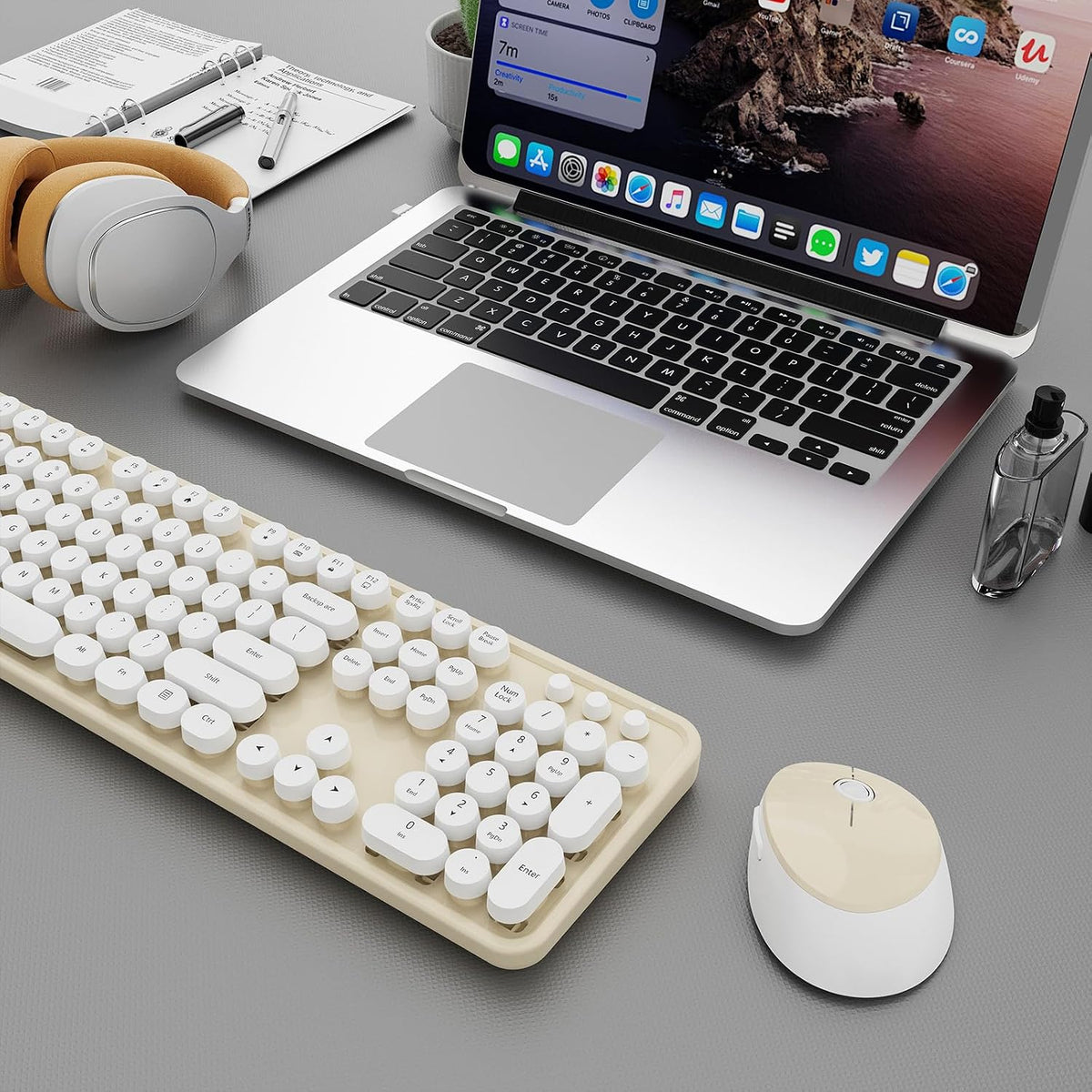 Wireless Keyboard and Mouse Combo, Ergonomic Full Size Typewriter Retro Round Keycaps Keyboard, Compatible with Windows, PC, Perfer for Home and Office Keyboards (Beige