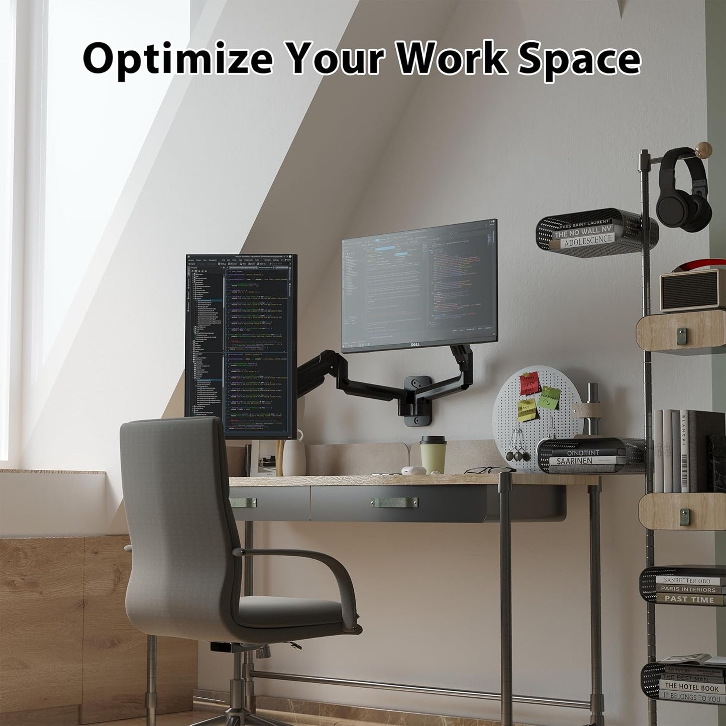 BONTEC Dual Monitor Wall Mount for 13-32 Inch Screens, VESA 75x75/100x100mm | Height Adjustable Gas Spring Arm with Tilt, Swivel & Rotate, Hold Up to 19.8 lbs, Fully Adjustable, Office & Home Use