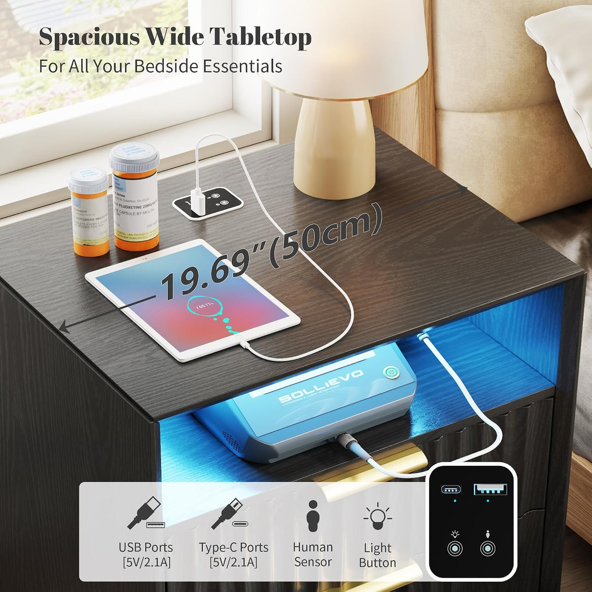 LVSOMT 20“ W Fluted LED Nightstand with Charging Station, RFID Lock, Black