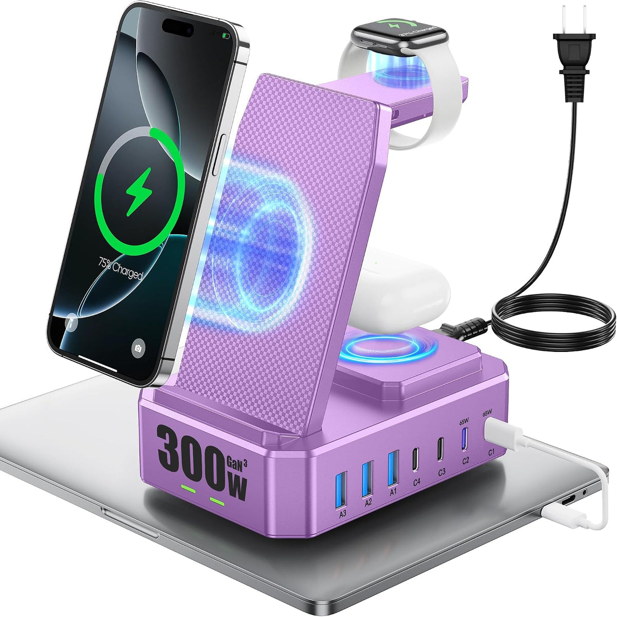 300W Charging Station for Multiple Devices Apple, Zutspzss 10 in 1 Wireless Charger for iPhone 16, GaN III USB C 65W PD Fast Charging Stand Dock for MacBook, Apple Watch&Airpods,Green