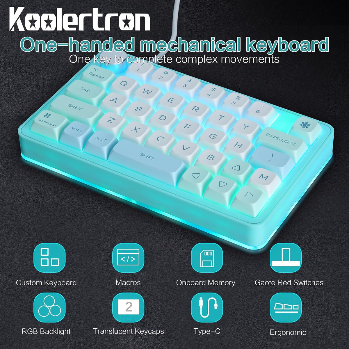 Koolertron One-Handed Mechanical Keyboard, 39 Macro Keys(39 Keyboard Blue)
