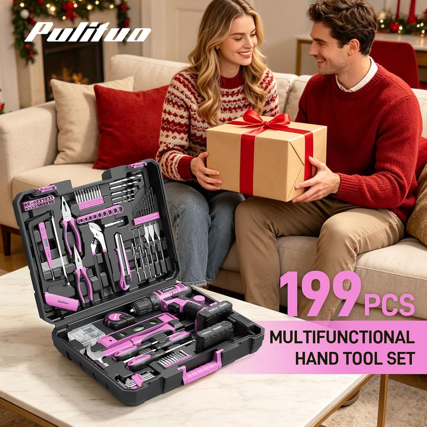 PULITUO Power Drill Tool Kit with 20V Cordless Drill/Driver, Electric Screwdriver, 2 Batteries & Charger, LED Light, 199-Piece Pink Home DIY Tool Set with Toolbox, Drill Set for Women & Men (Pink)