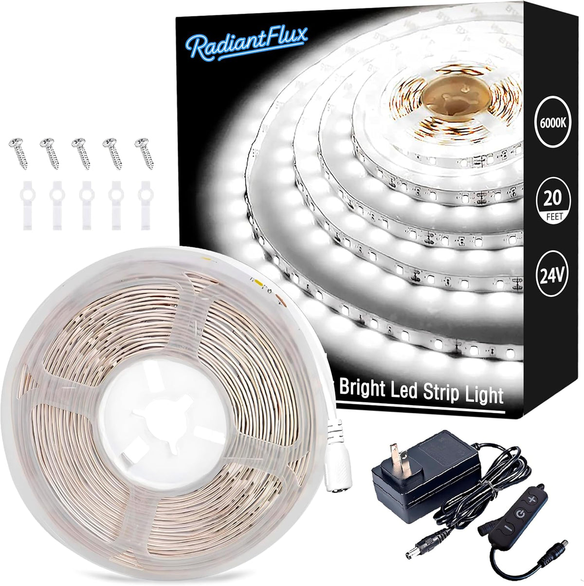 RadiantFlux 20Ft Purple LED Strip Lights with Physical Dimming Button, Super Bright Updated 24V Light Strips, LED Lights for Decoration Living Room, Party, Cabinets, Rope Lights