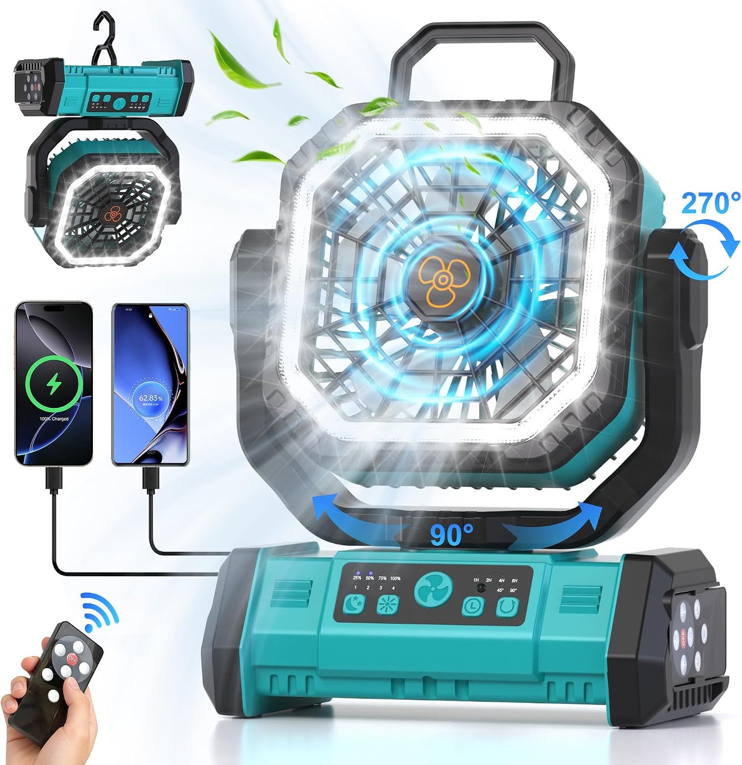 Honesorn 20000mAh Fan Portable Rechargeable with LED Light & Remote, Blue | Up to 60H Runtime, 45°/90°Oscillating, Hanging Hook, 4 Speeds, 8H Timer, USB-C Charging, for Camping, Tent, Travel, Outdoor