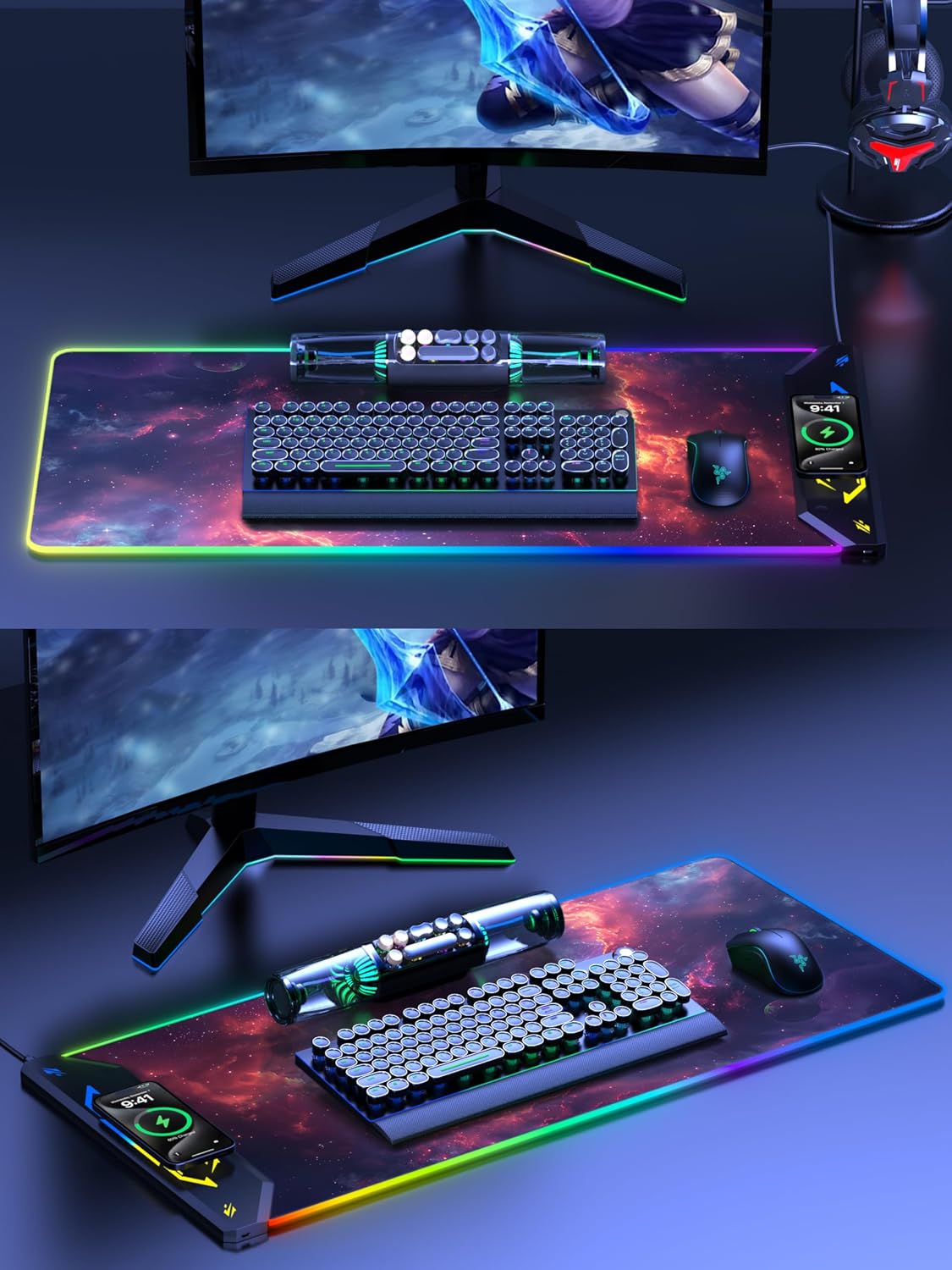 5-in-1 RGB Mouse Pad with Wireless Charging, Gaming Desk Mat, Red Nebula